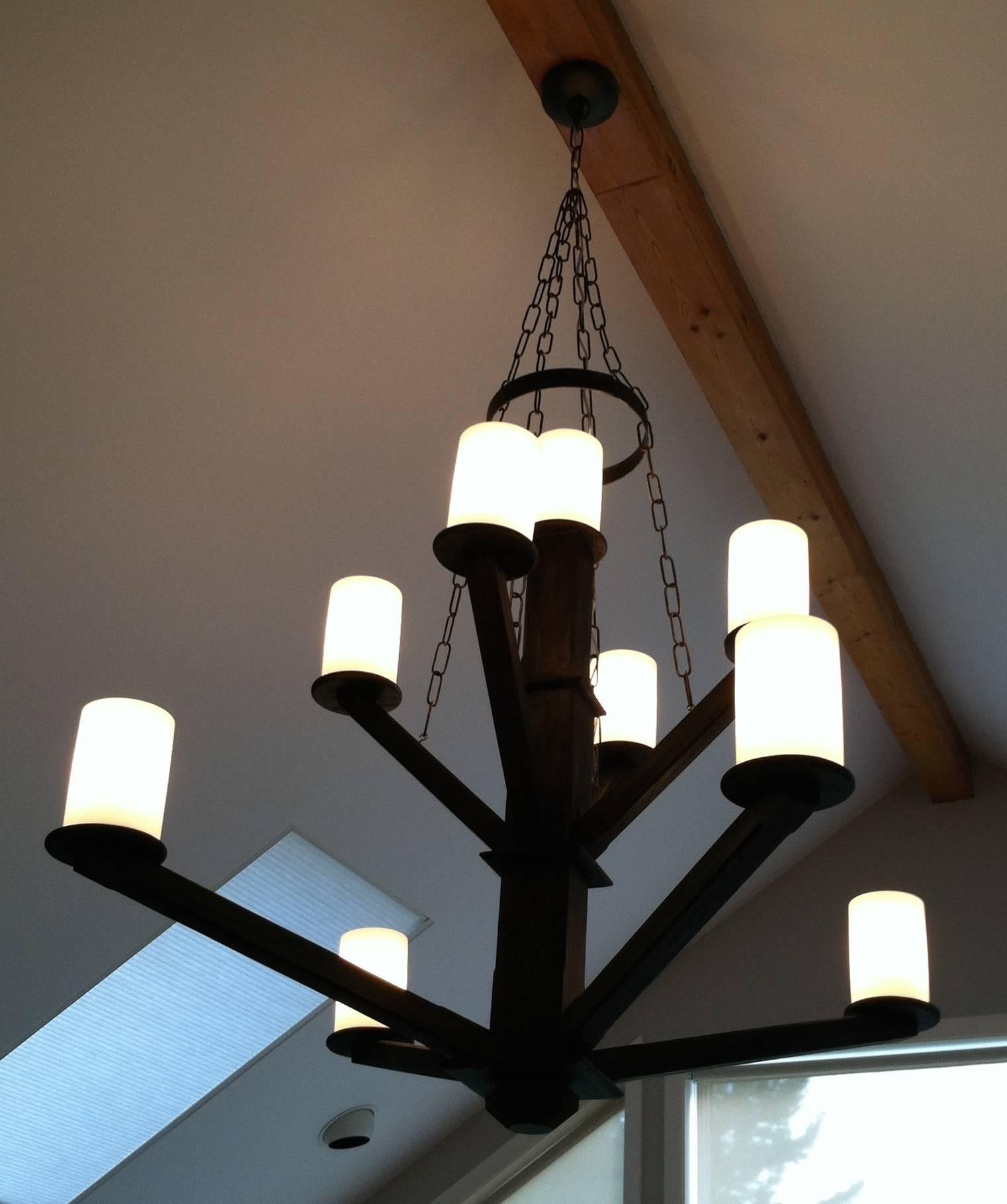 American Large Custom Wood Chandelier with Glass Cylinder Shades For Sale