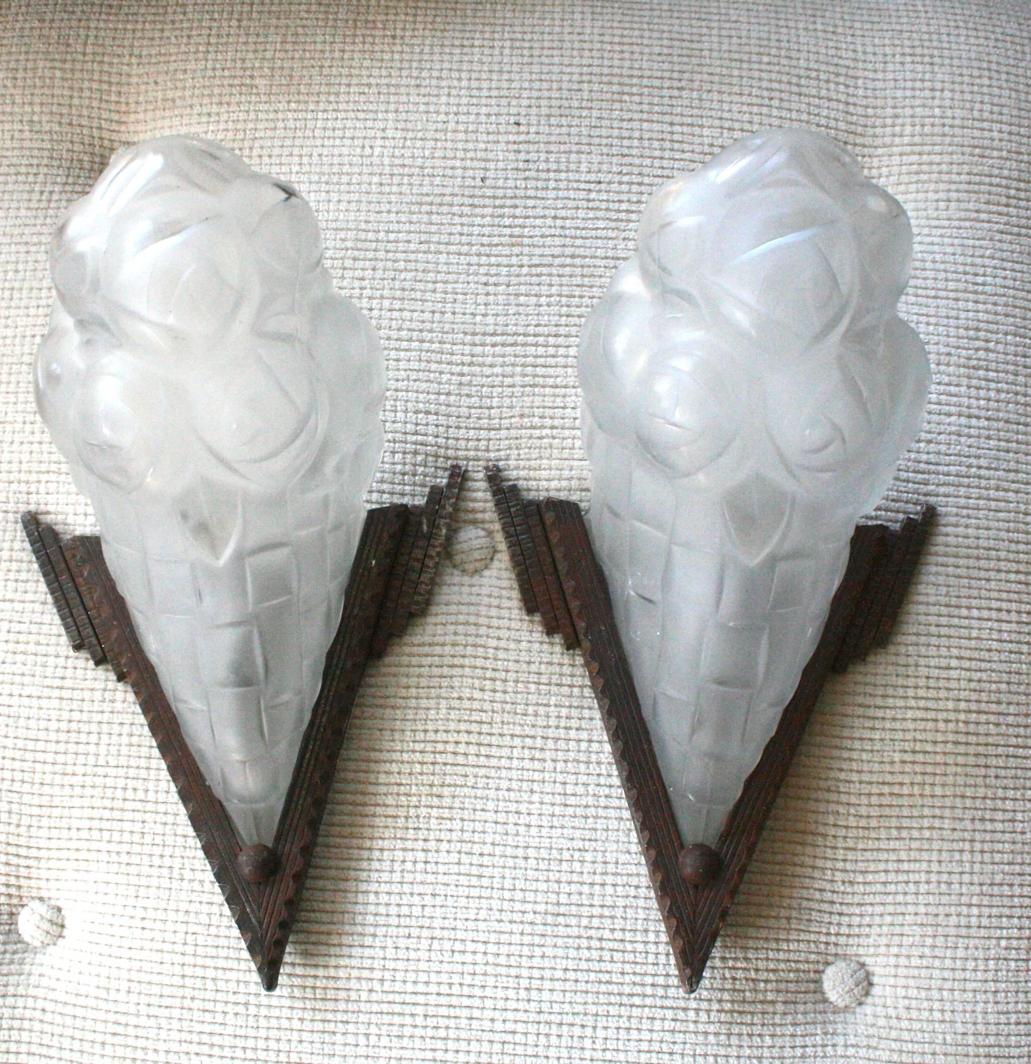 French Art Deco Fer Forge Iron and Glass Floral Sconces