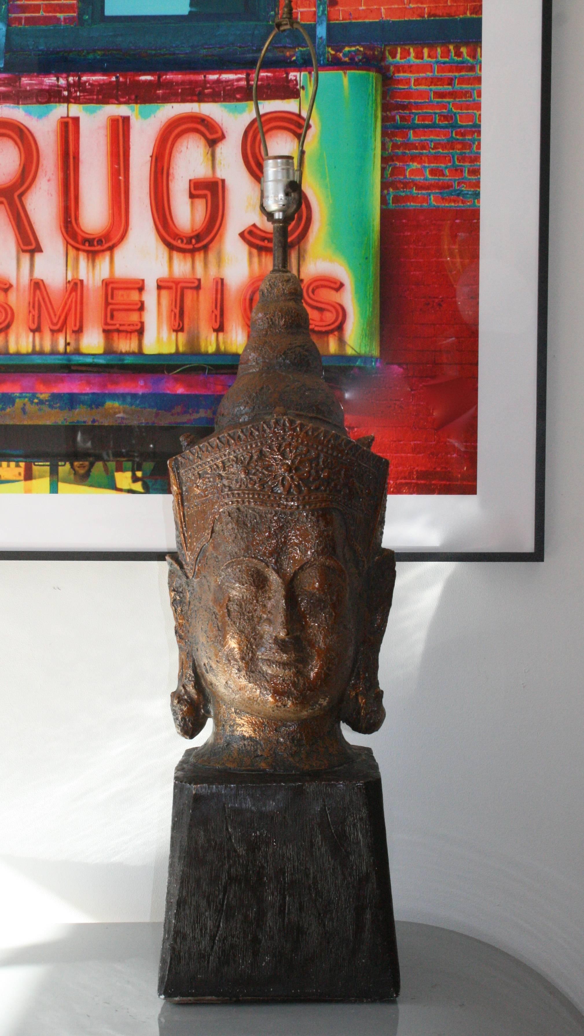 Impressive Glazed Ceramic Buddha Lamp In Excellent Condition In Pound Ridge, NY