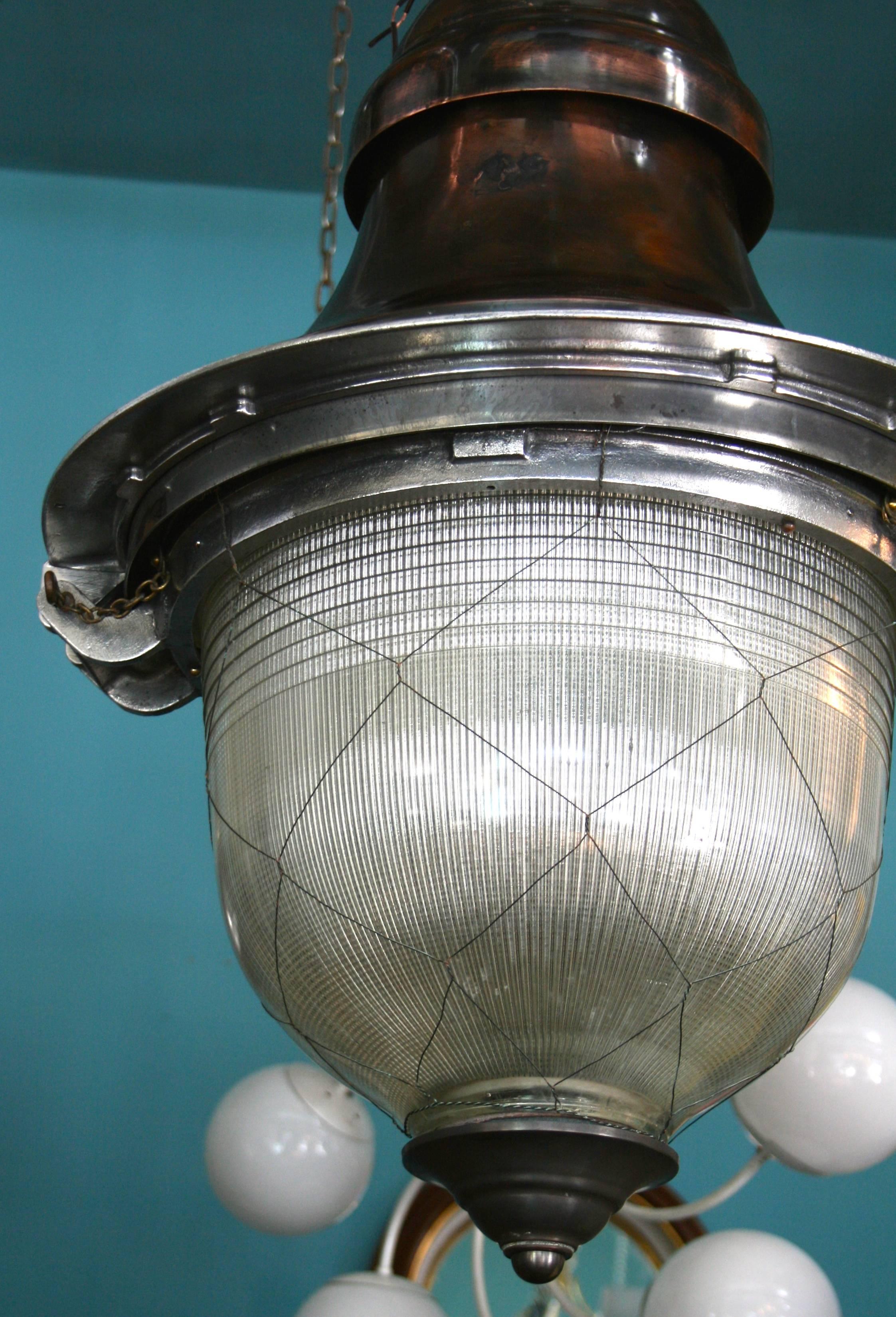 Impressive French Pendant Lantern with original holophane glass In Excellent Condition In Pound Ridge, NY