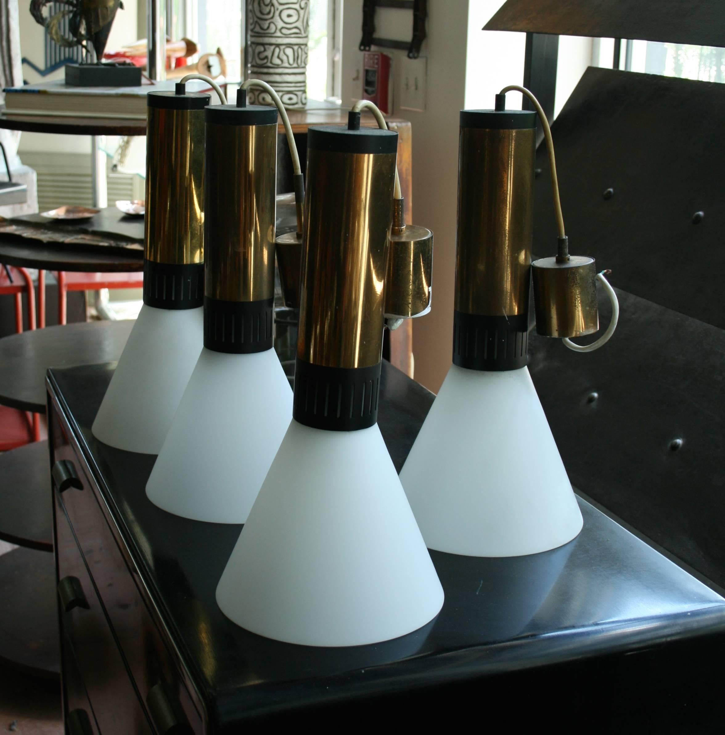 Italian Pair of Stilnovo Brass and Milk Glass Pendant Lights