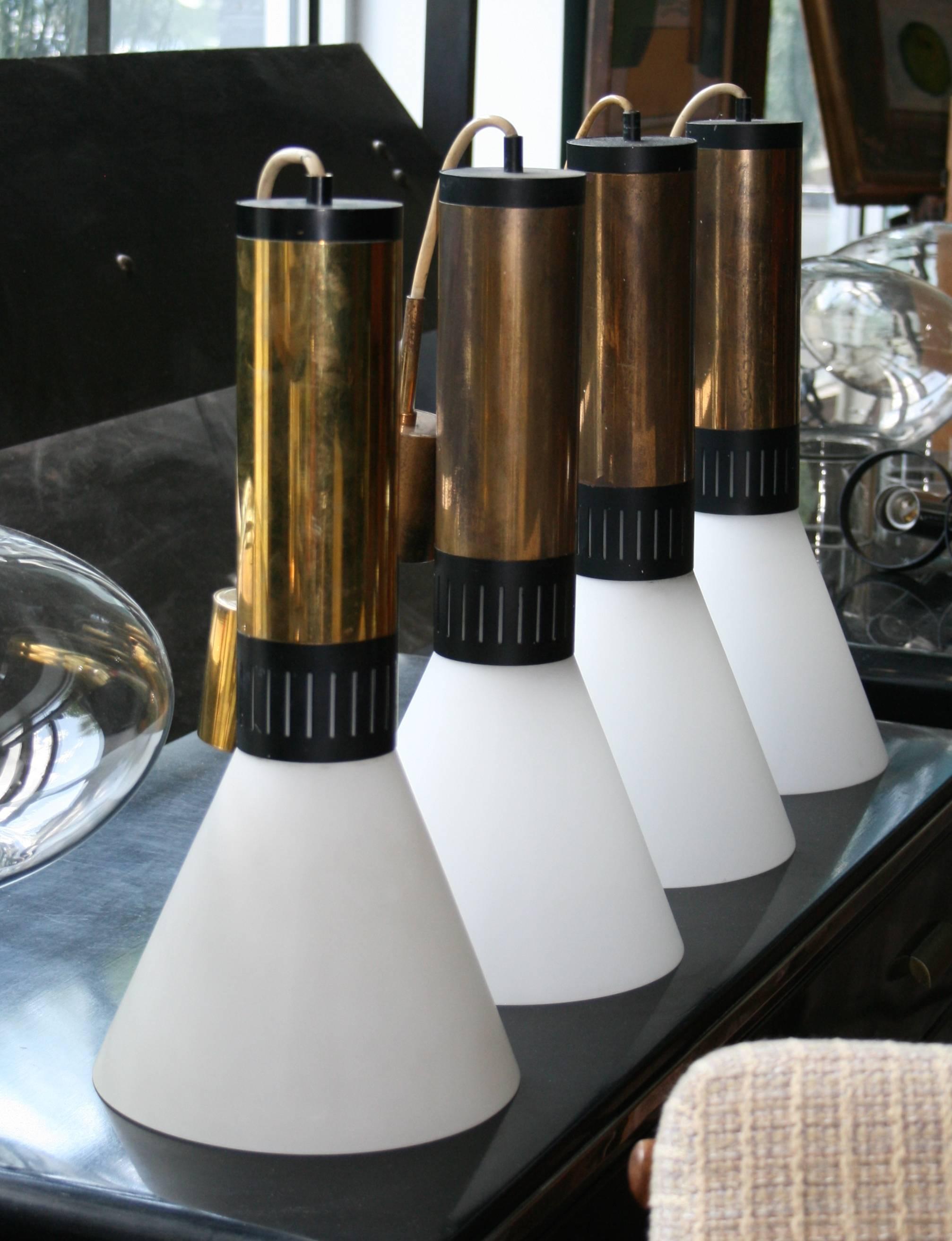 Mid-Century Modern Pair of Stilnovo Brass and Milk Glass Pendant Lights