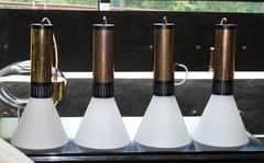 Pair of Stilnovo Brass and Milk Glass Pendant Lights