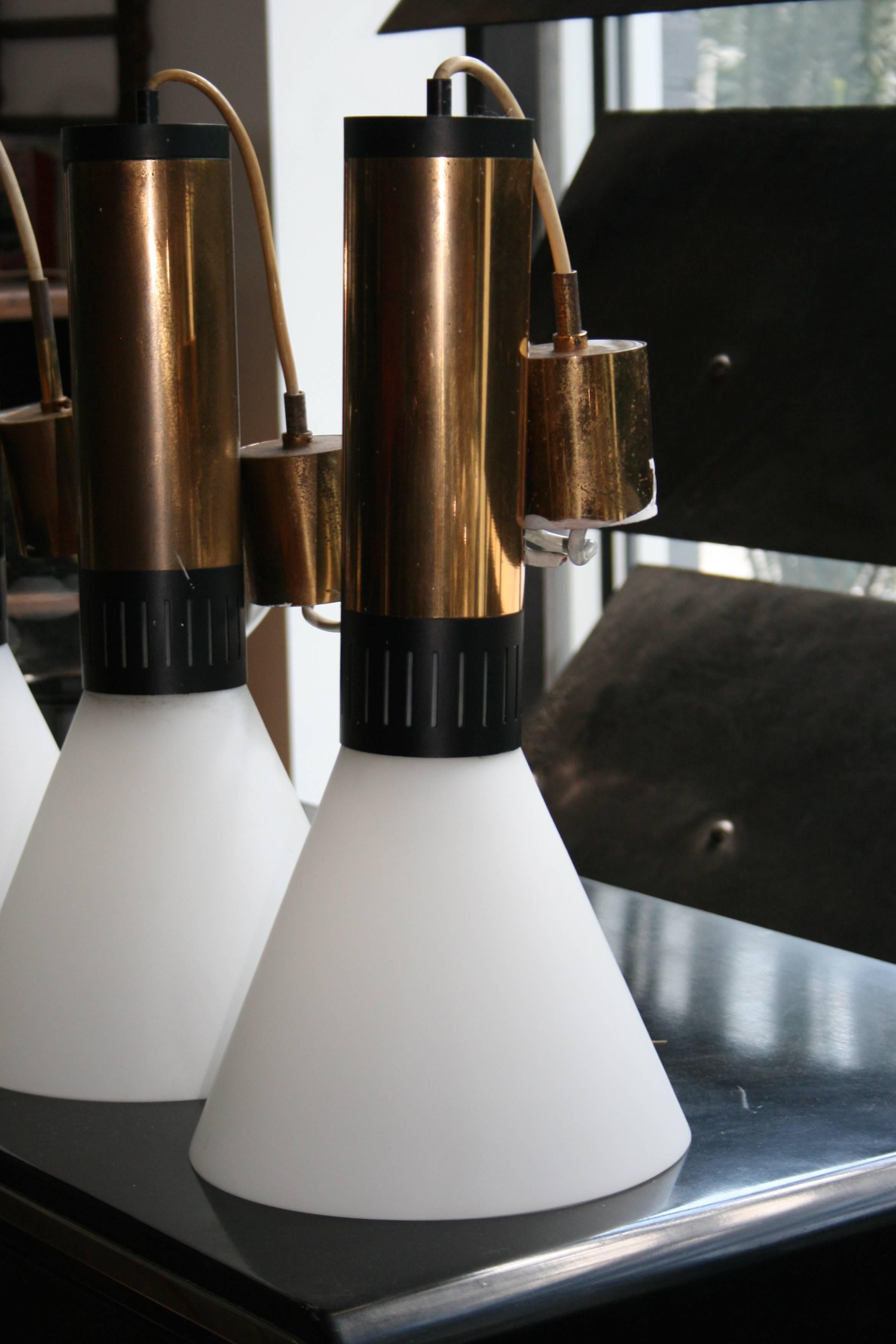 Pair of Stilnovo Brass and Milk Glass Pendant Lights In Excellent Condition In Pound Ridge, NY