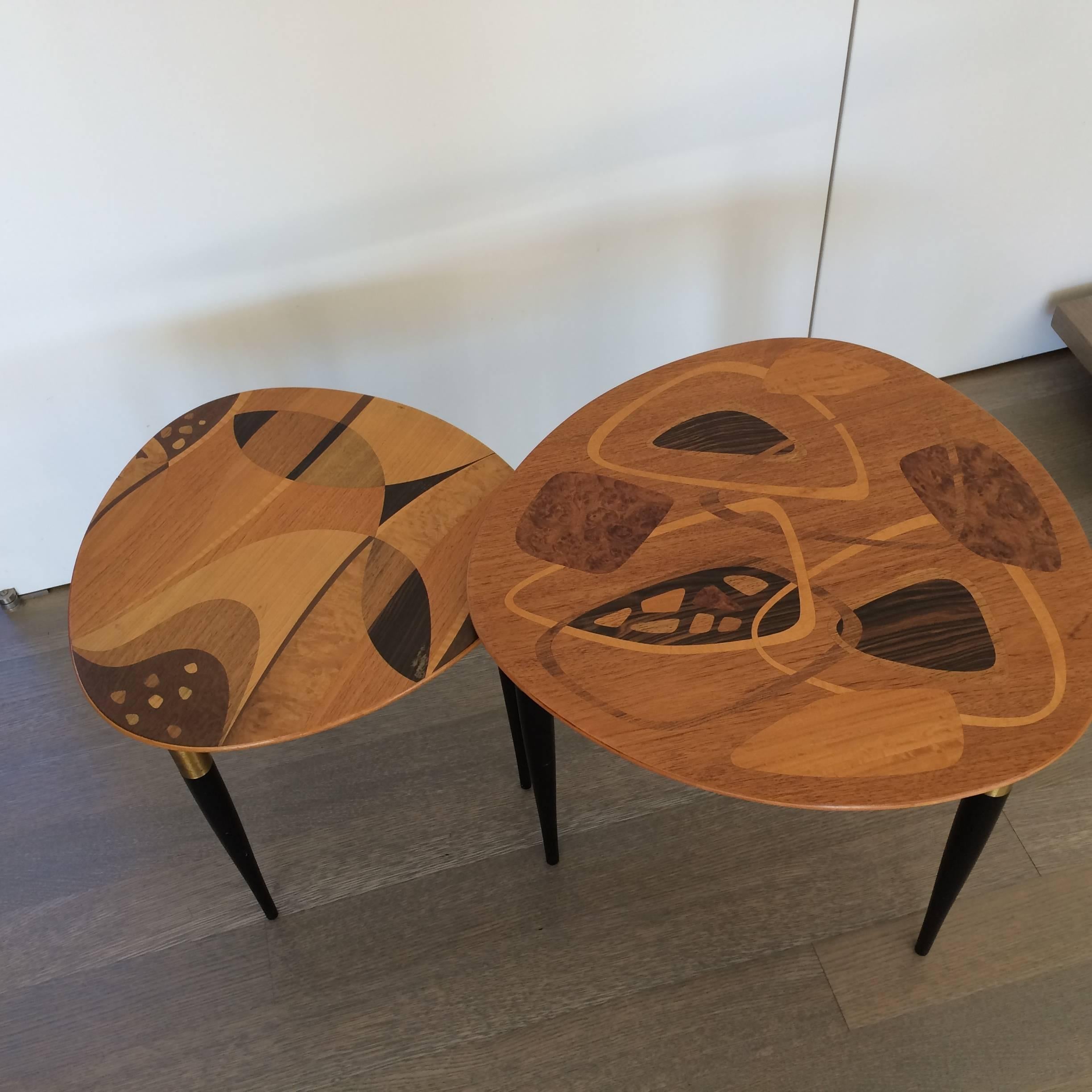 Scandinavian Modern Exotic Wood Inlay Tables with Abstract Designs by Erno Fabry, Sweden, 1953