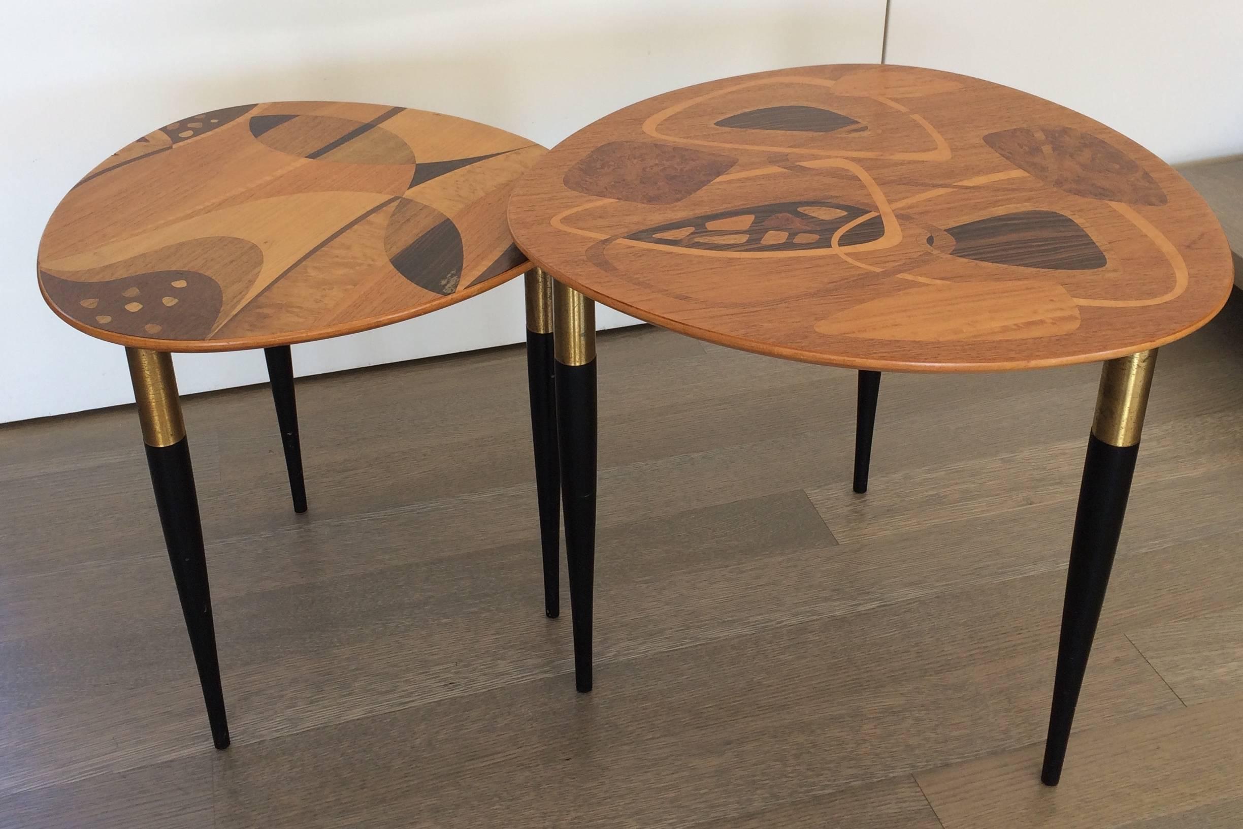 Swedish Exotic Wood Inlay Tables with Abstract Designs by Erno Fabry, Sweden, 1953