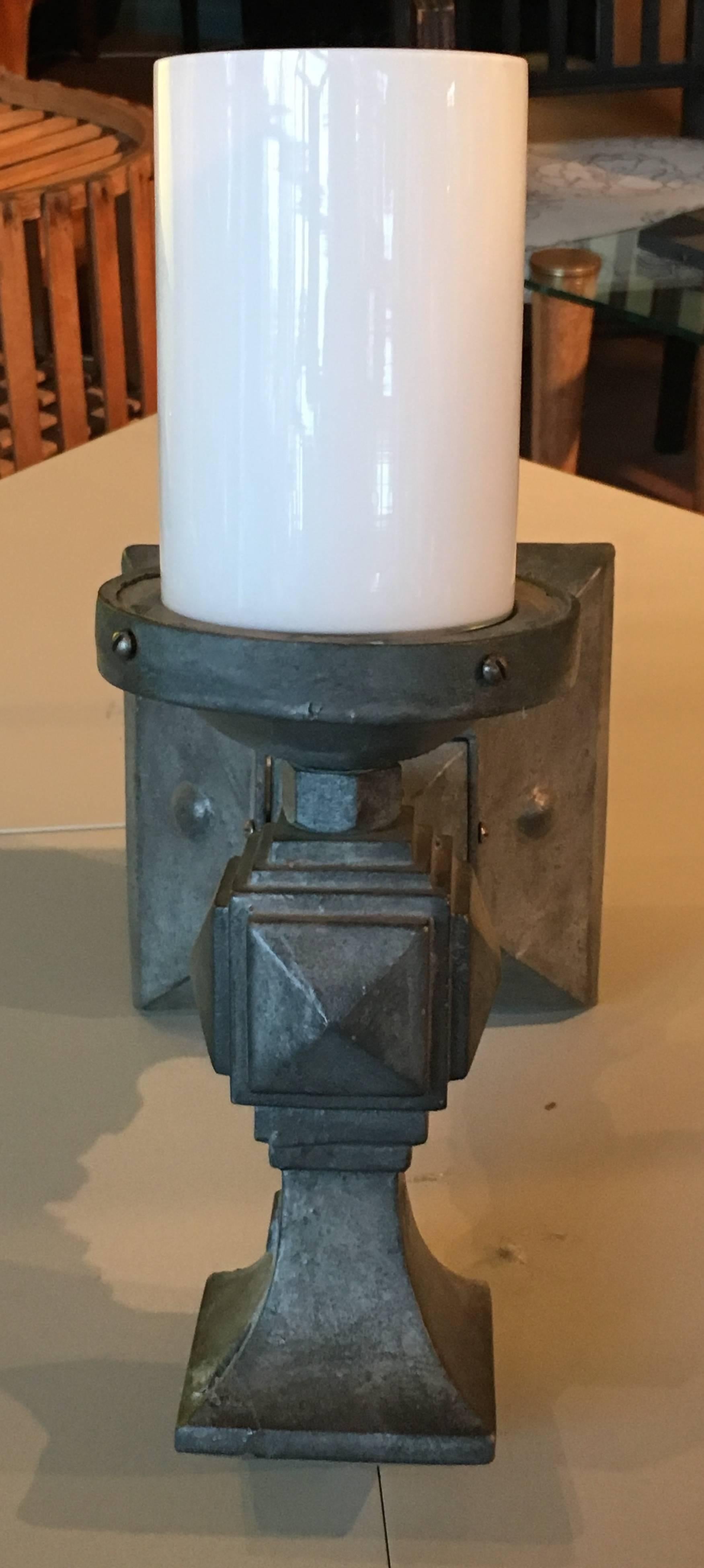 Arts and Crafts Pair of Cast Iron Geometric Wall Sconces with Milk Glass Cylinder Shade