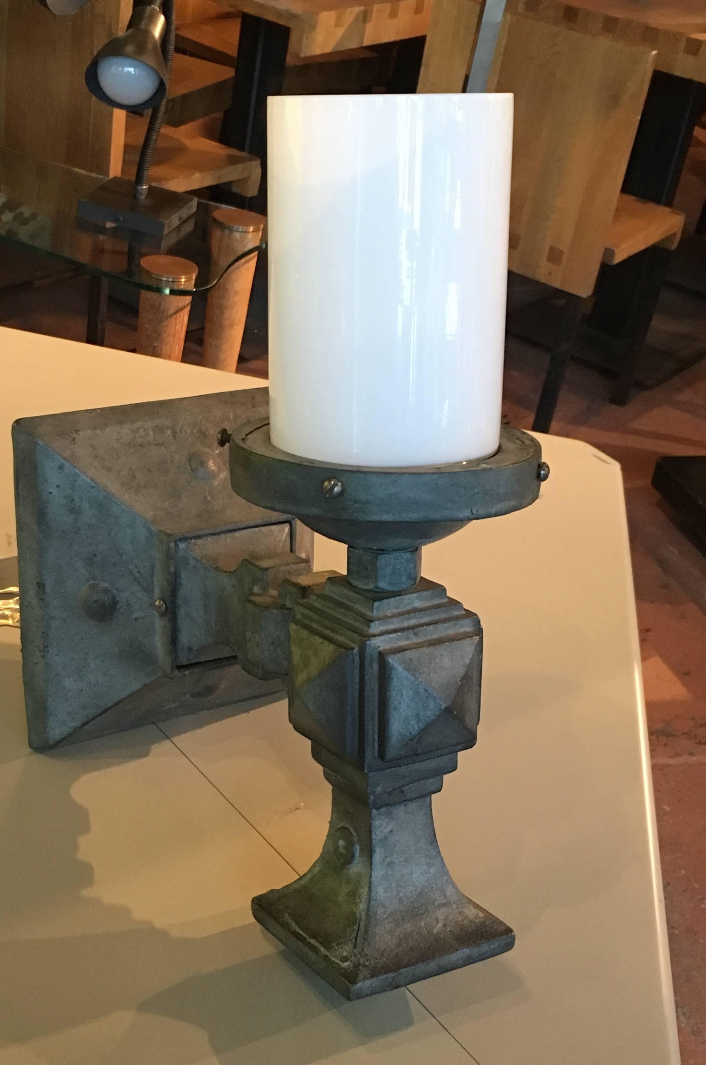 French Pair of Cast Iron Geometric Wall Sconces with Milk Glass Cylinder Shade