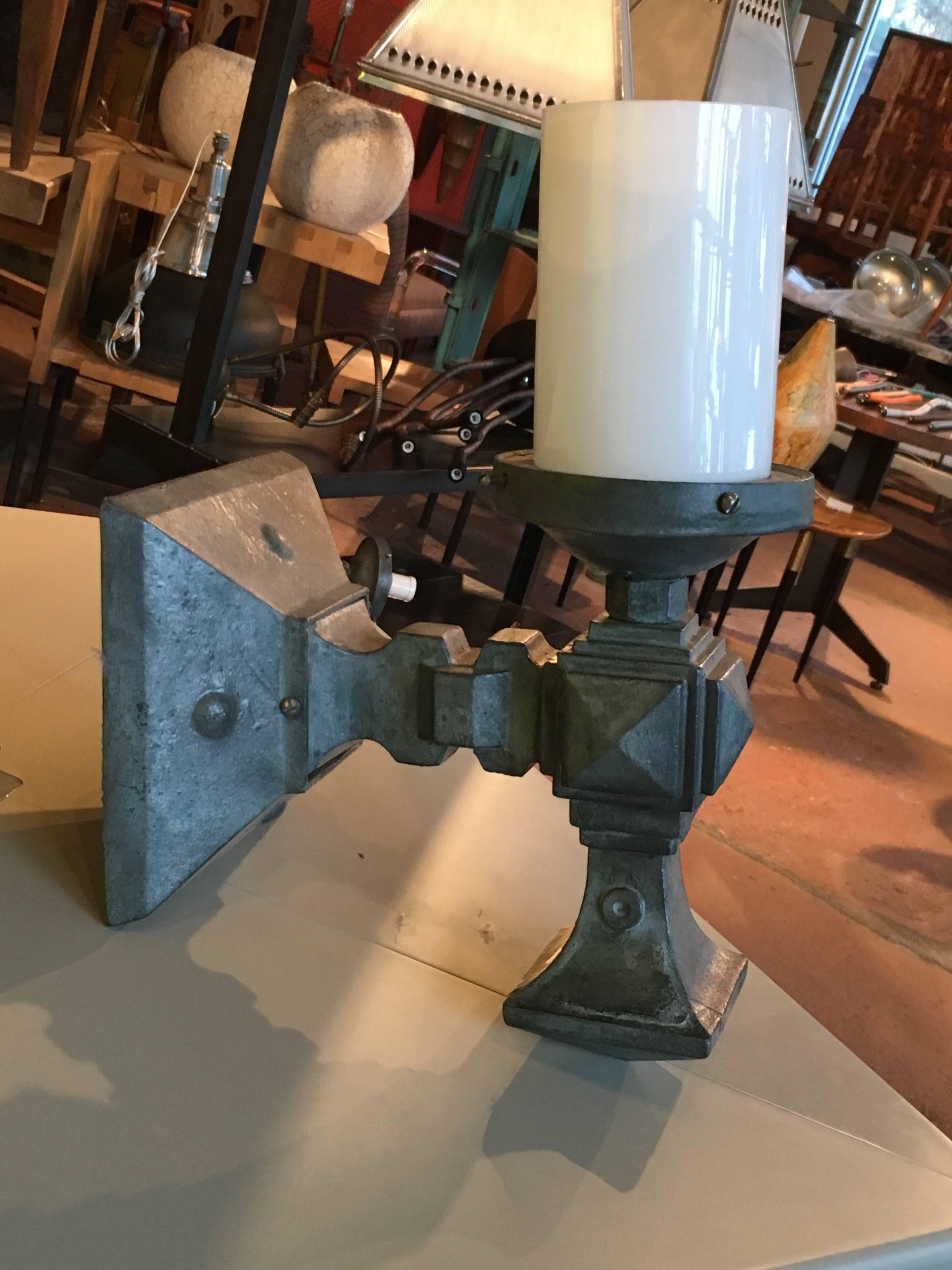 Pair of Cast Iron Geometric Wall Sconces with Milk Glass Cylinder Shade In Good Condition In Pound Ridge, NY