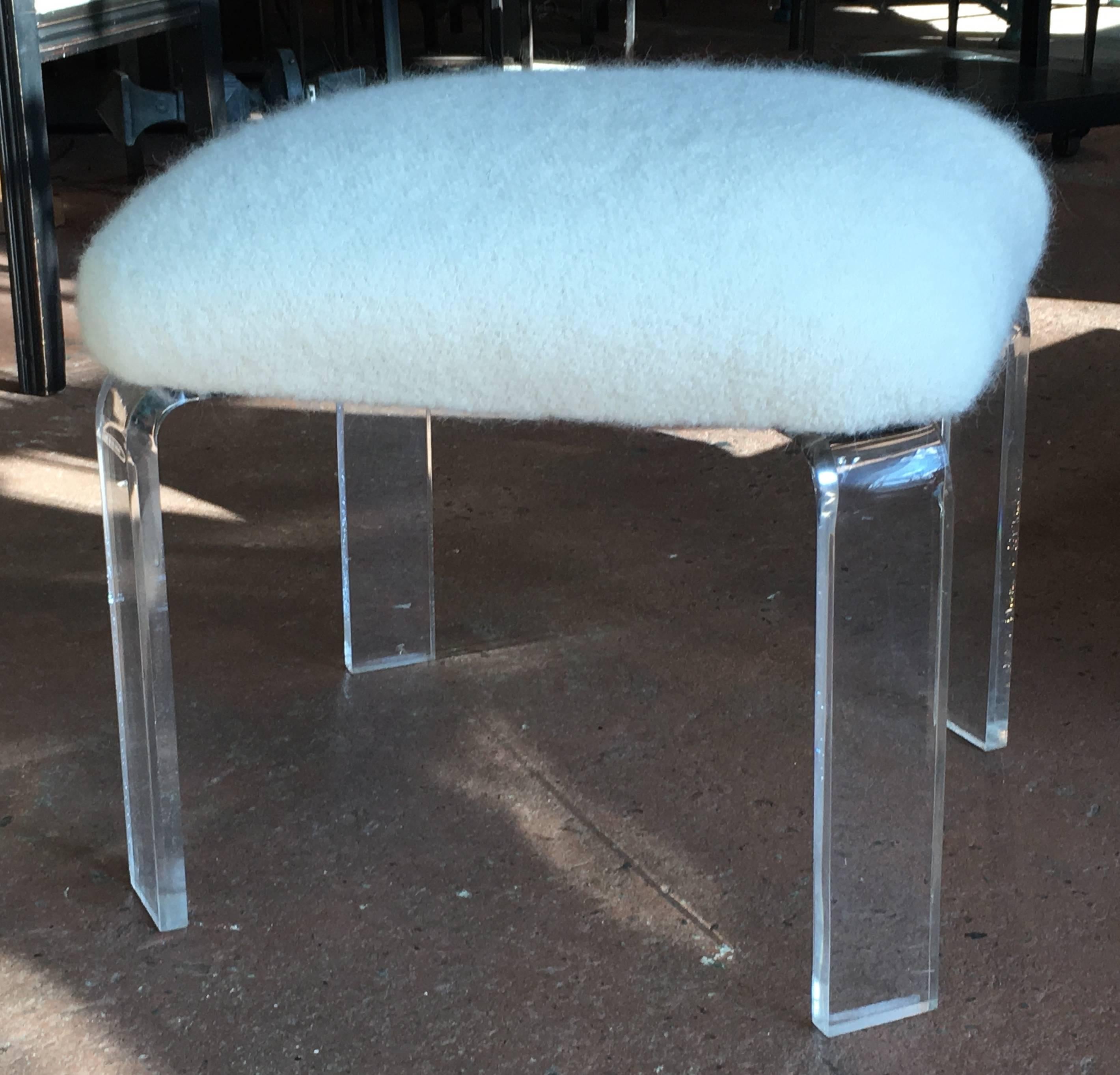 Lucite square bench with Thonet bentwood style legs; new upholstery in a natural white alpaca bouclé fabric.