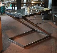 Pair of Milo Baughman Style Chrome and Glass Z Shaped End Tables, 1970s