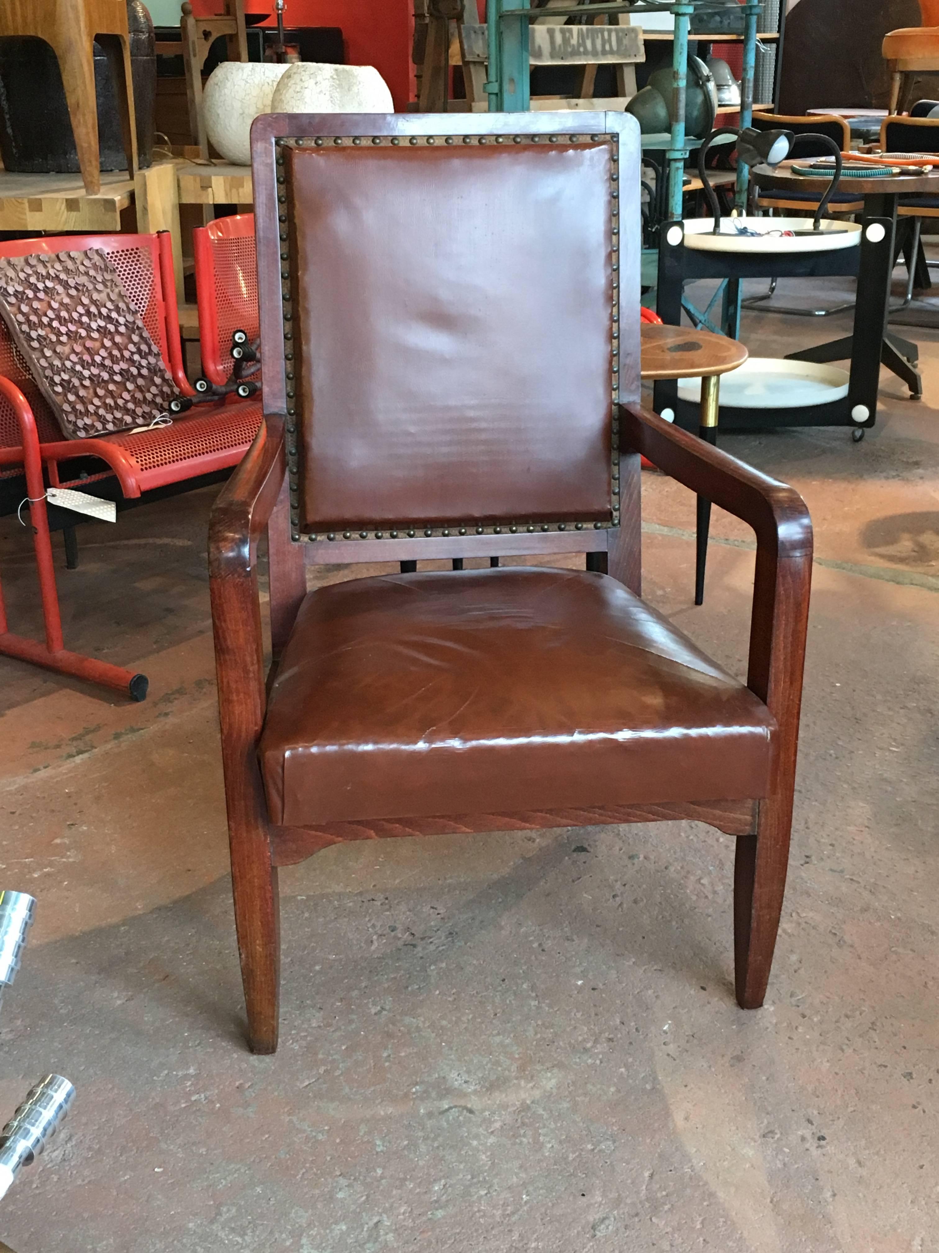 Art Deco Pair of French Leather Library Chairs