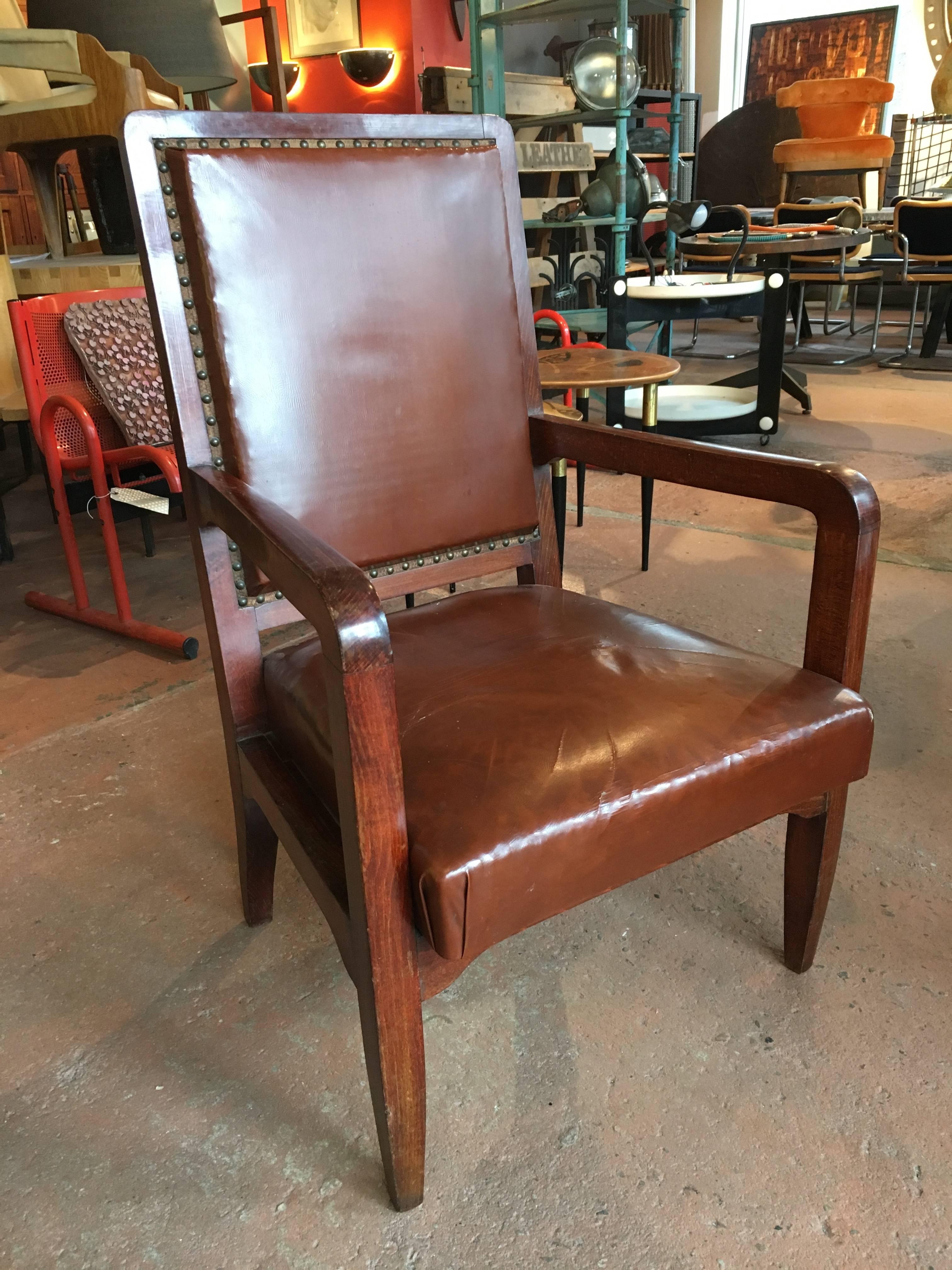 Brass Pair of French Leather Library Chairs