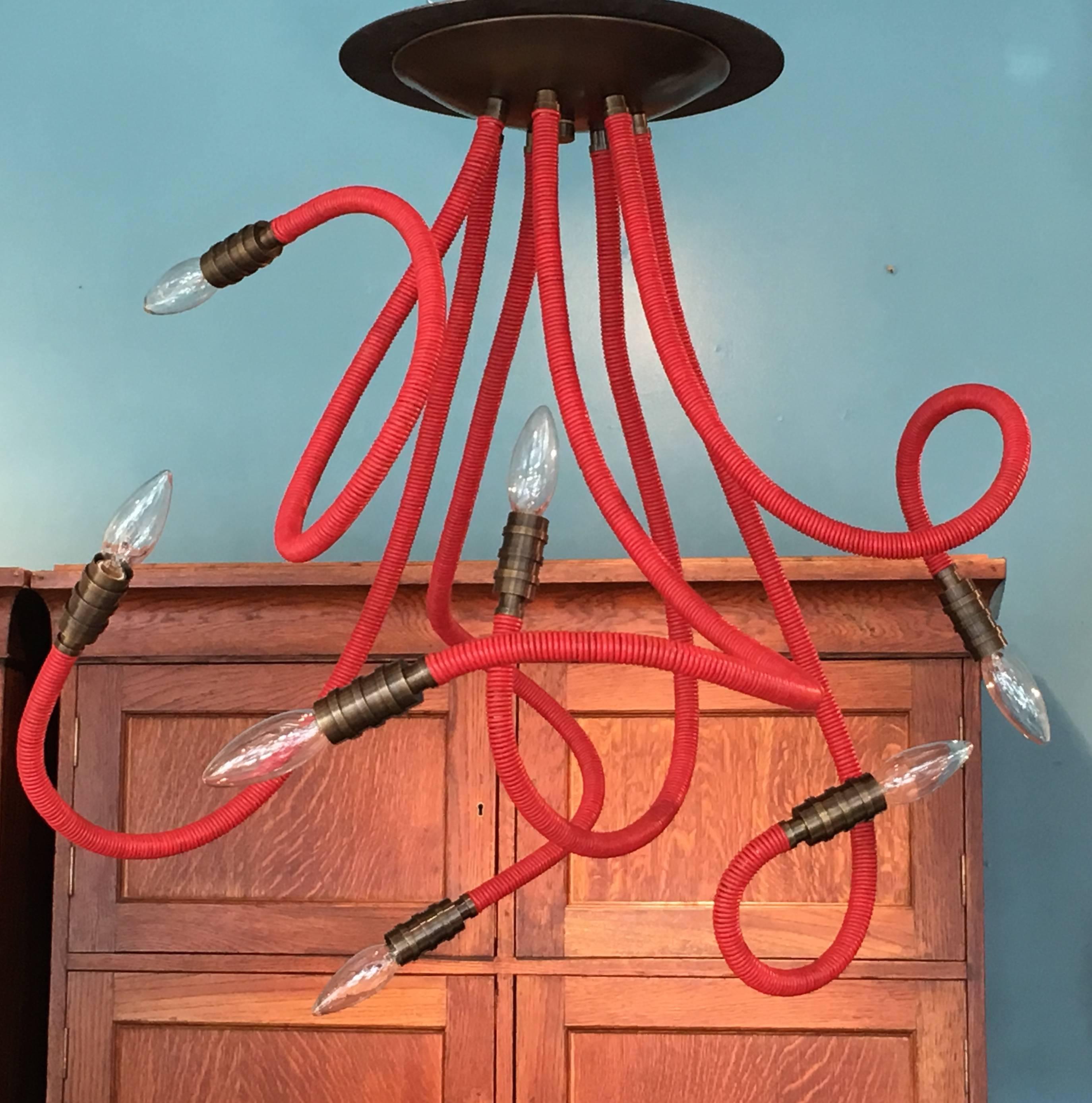 Mid-Century Modern Red Leather Meander Chandelier with Flexible Arms For Sale