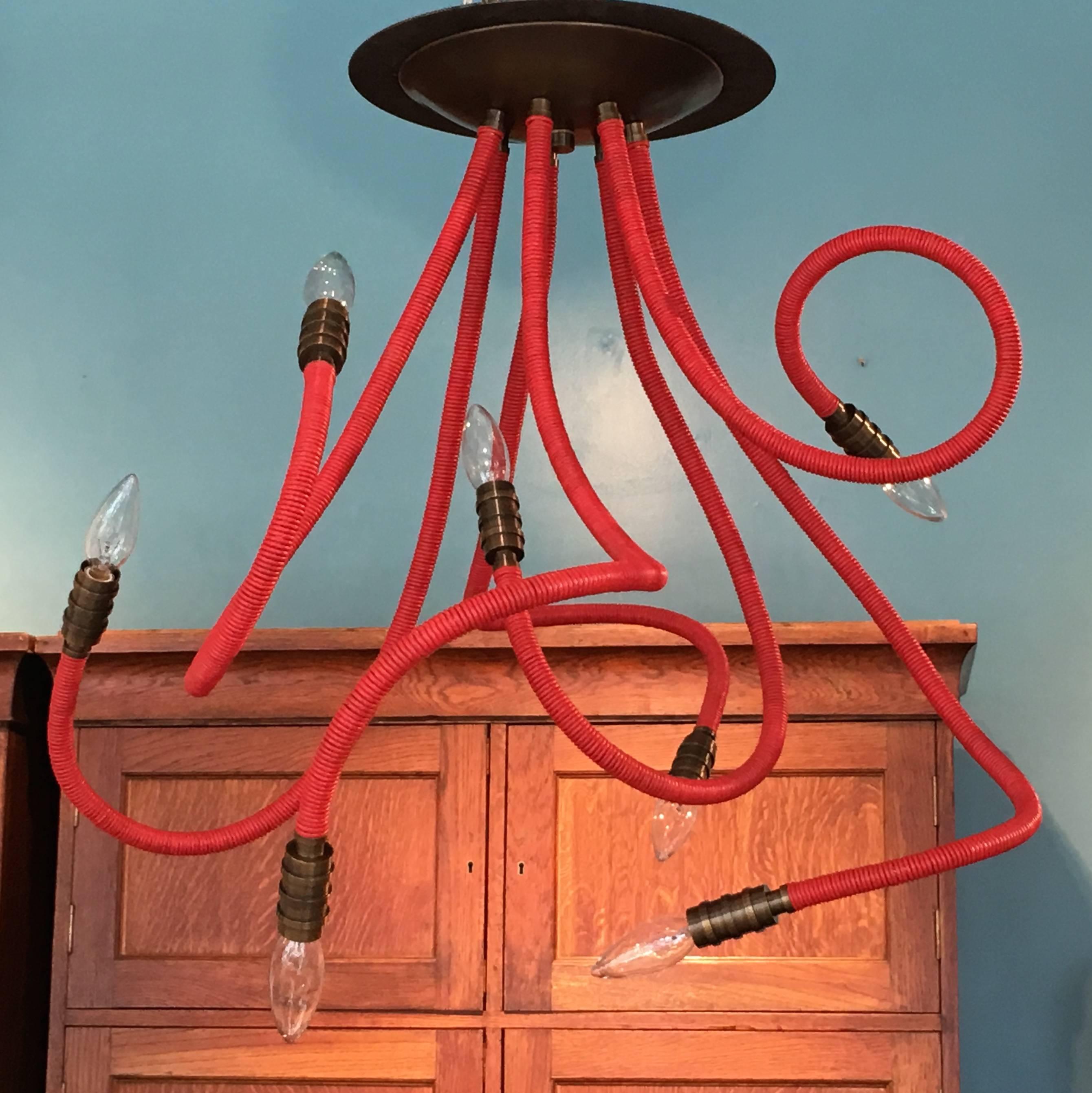 American Red Leather Meander Chandelier with Flexible Arms For Sale