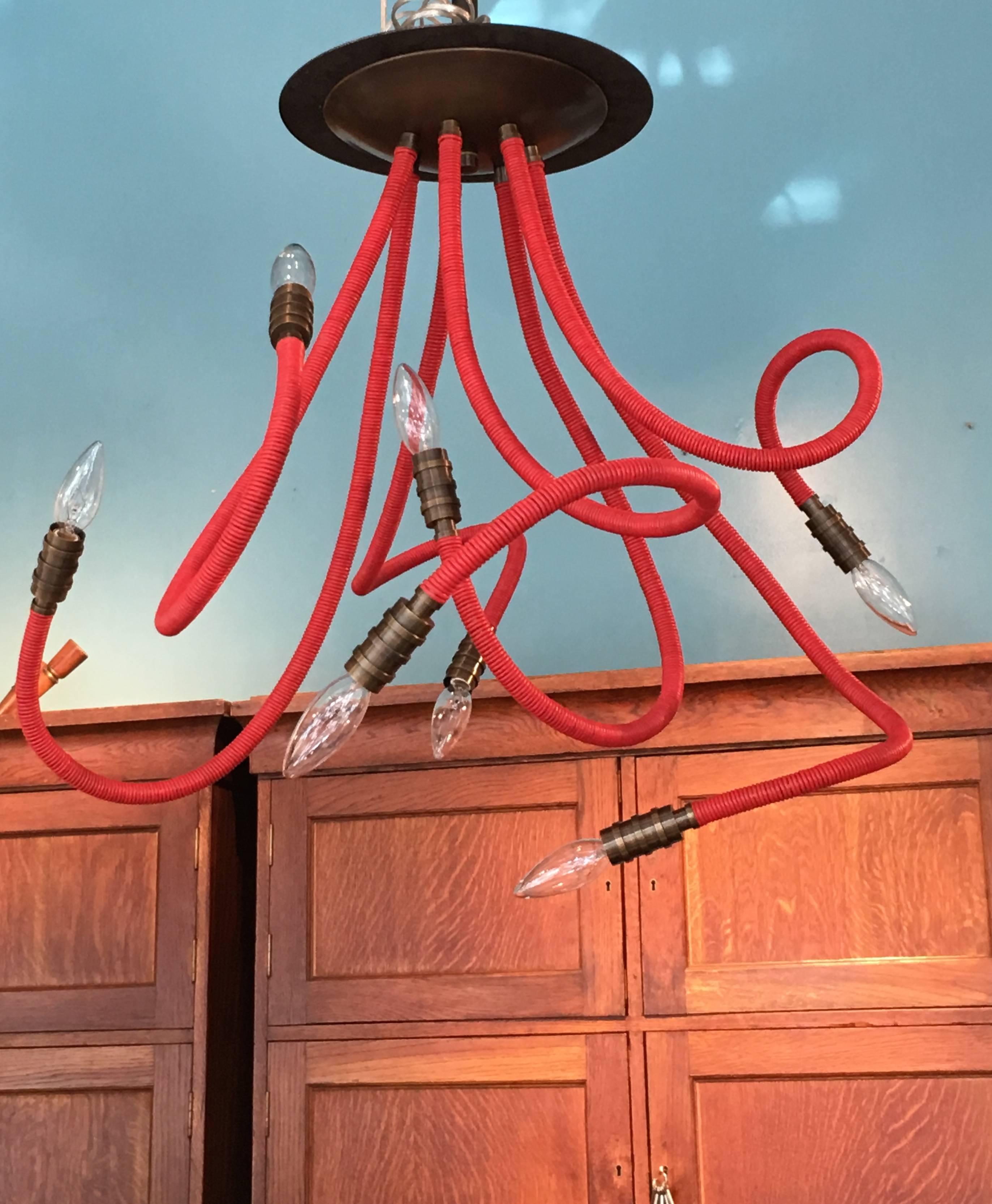 Red Leather Meander Chandelier with Flexible Arms In Excellent Condition For Sale In Pound Ridge, NY