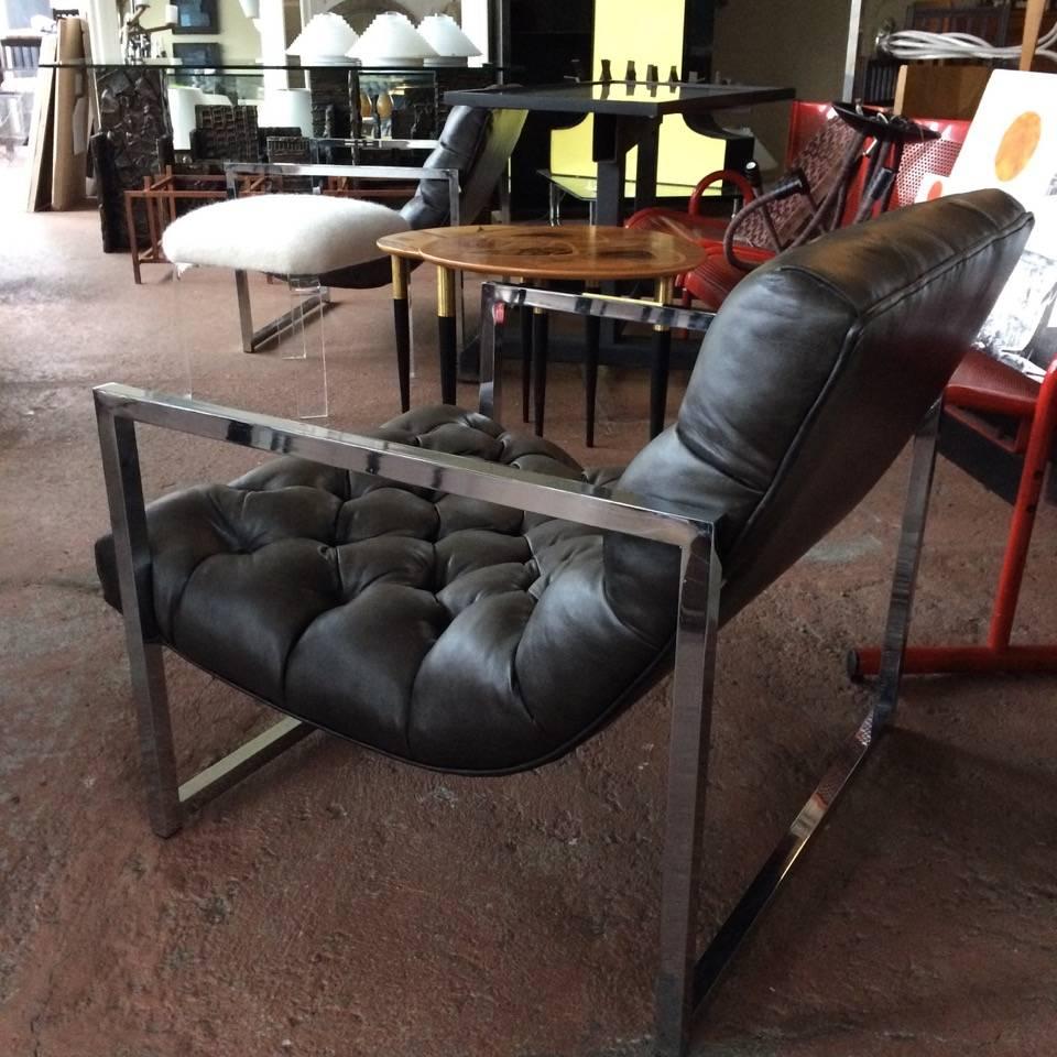 Pair of Chrome and Tufted Leather Lounge Chairs, Milo Baughman In Excellent Condition In Pound Ridge, NY