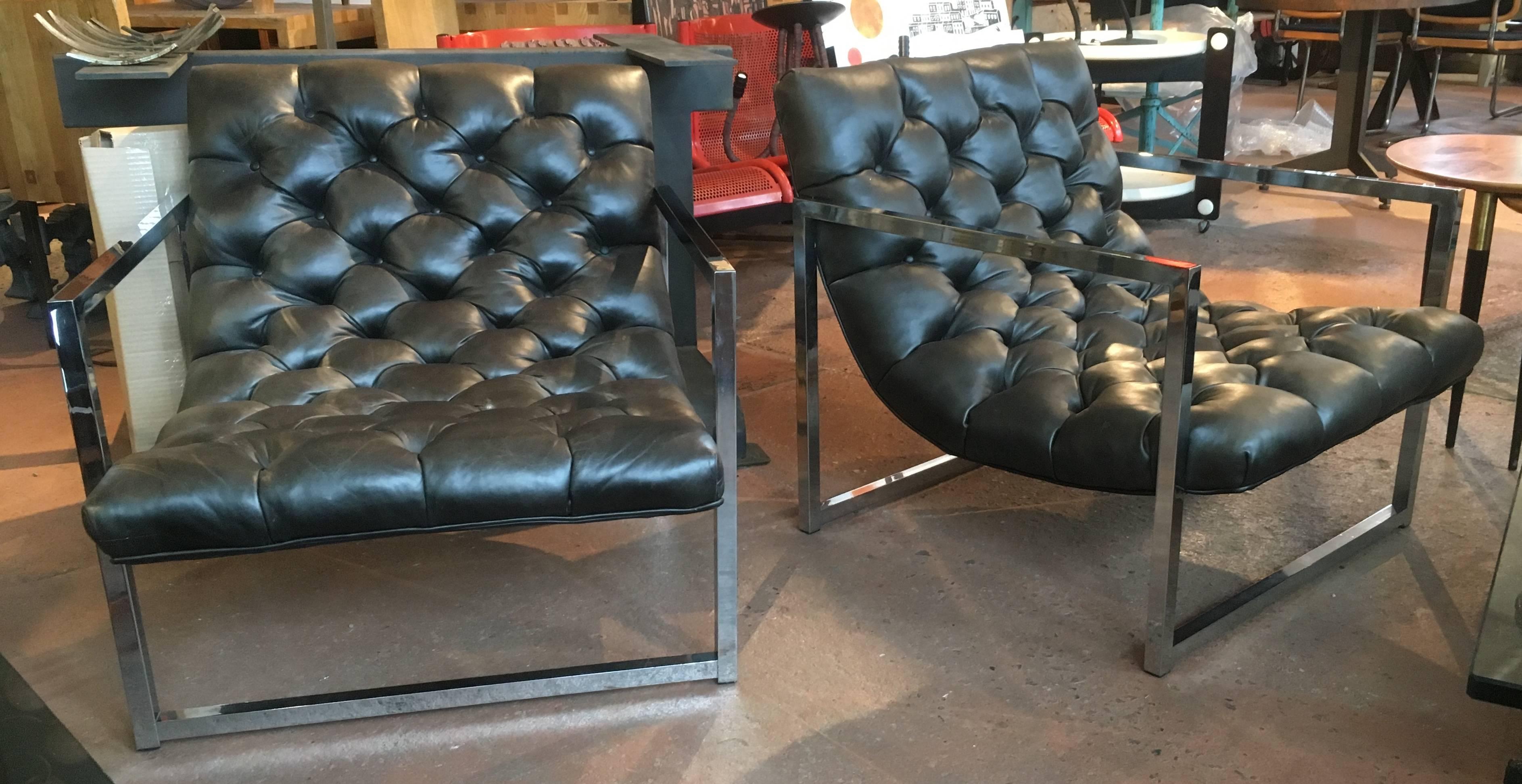Pair of Chrome and Tufted Leather Lounge Chairs, Milo Baughman 1