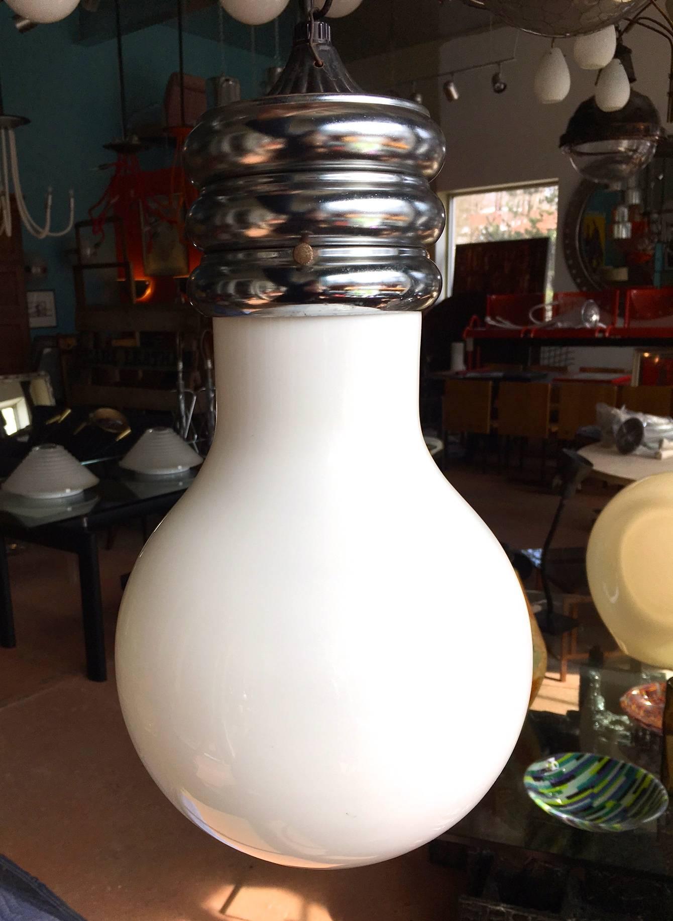 Charming vintage glass pendant light in the form of an Edison light bulb, original glass shade and chrome metal fitting,  Bright idea for adding a Pop of Art. Fitted with a single edison socket.  Chain and canopy can be provided for additional fee