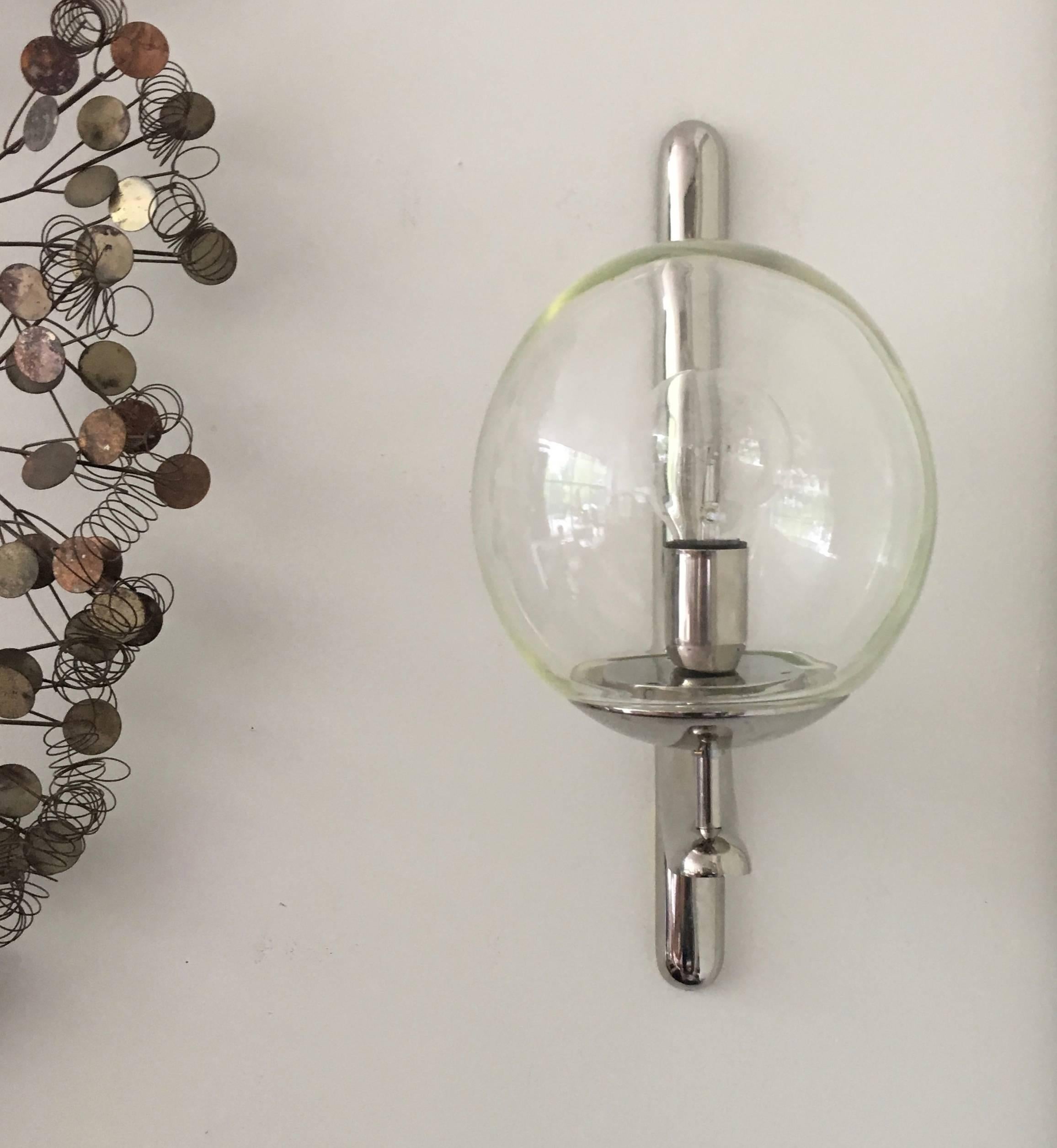 Mid-Century Modern Impressive Italian Chrome Wall Sconce with Signed Venini Glass Ball Shade