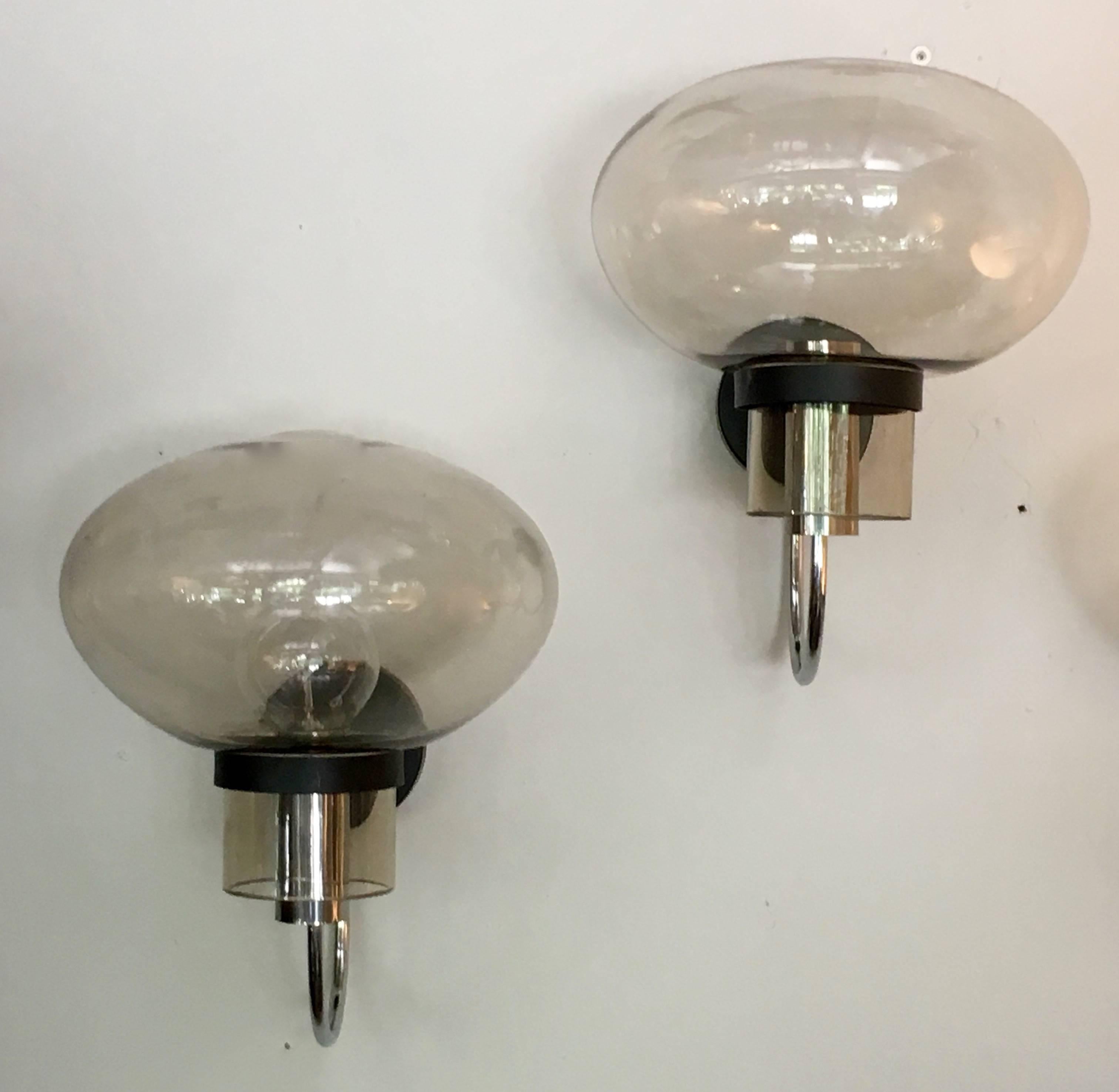 Mid-Century Modern Italian Glass and Chrome Wall Lights by Oluce For Sale