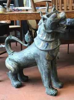 Pair of Tony Duquette Antique Bronze Thai Foo Dogs with Amethyst and Rose Quartz