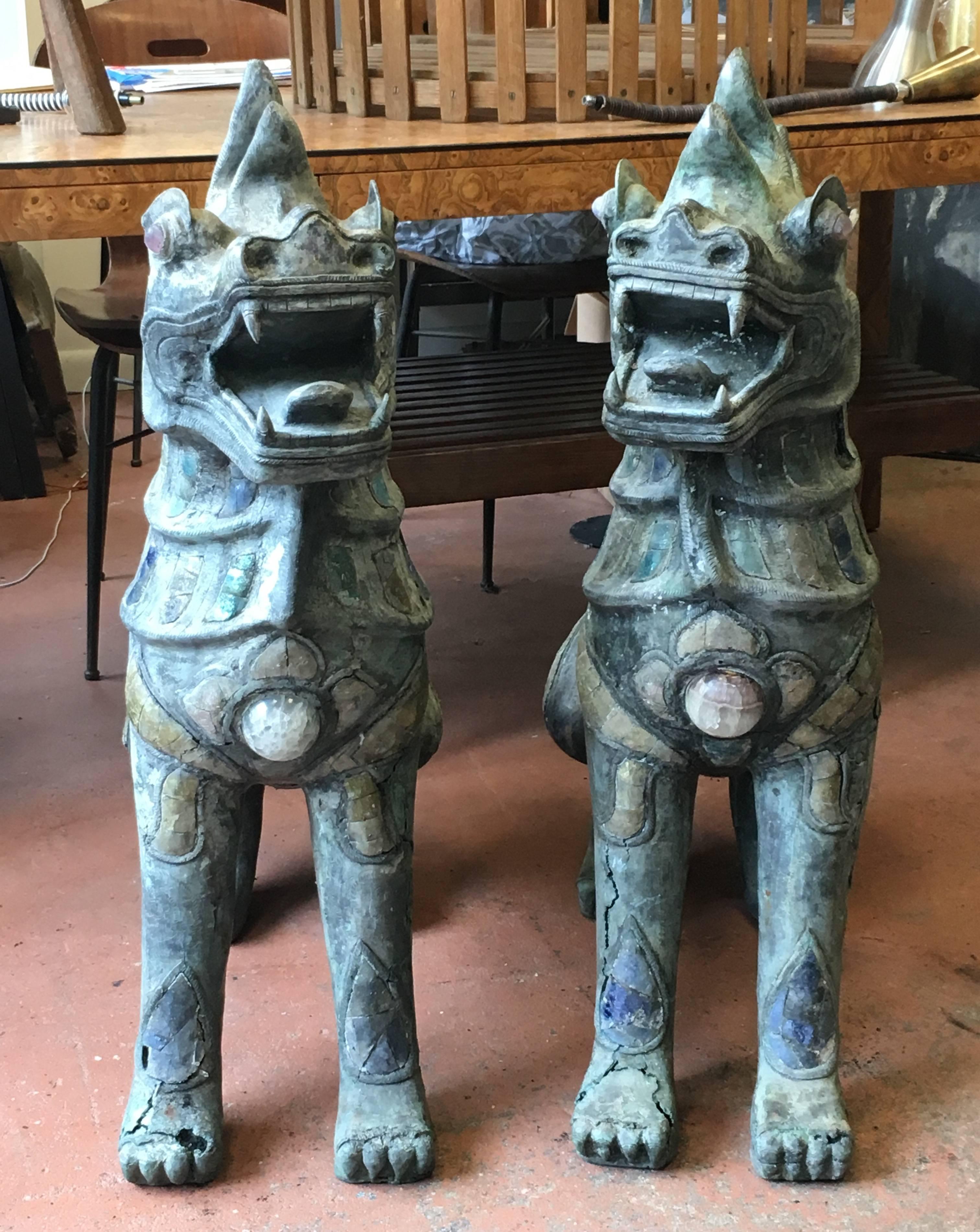 Hollywood Regency Pair of Tony Duquette Antique Bronze Thai Foo Dogs with Amethyst and Rose Quartz