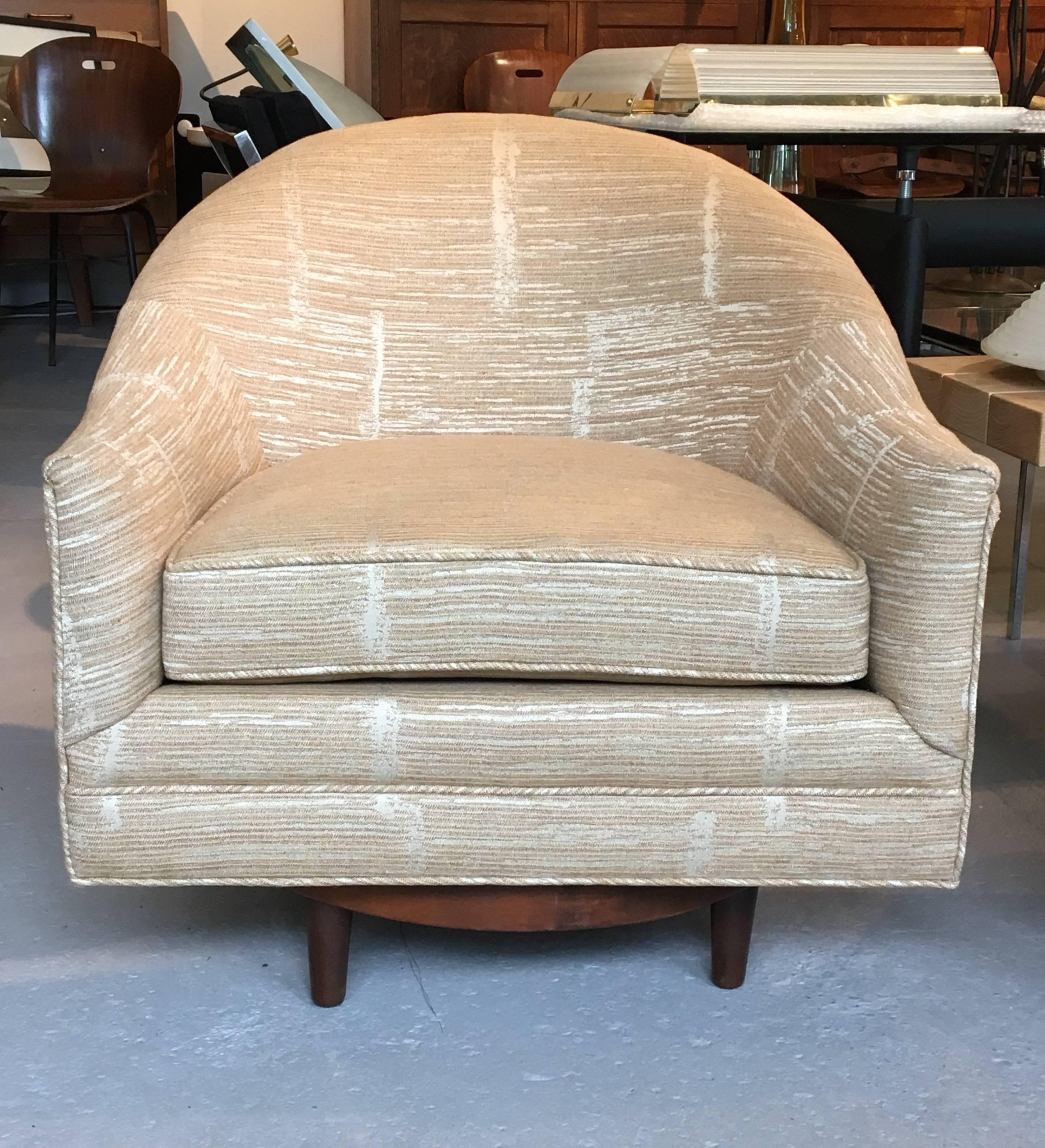 Danish Pair of Scandinavian Swivel Chairs by Selig with Walnut Bases and New Upholstery
