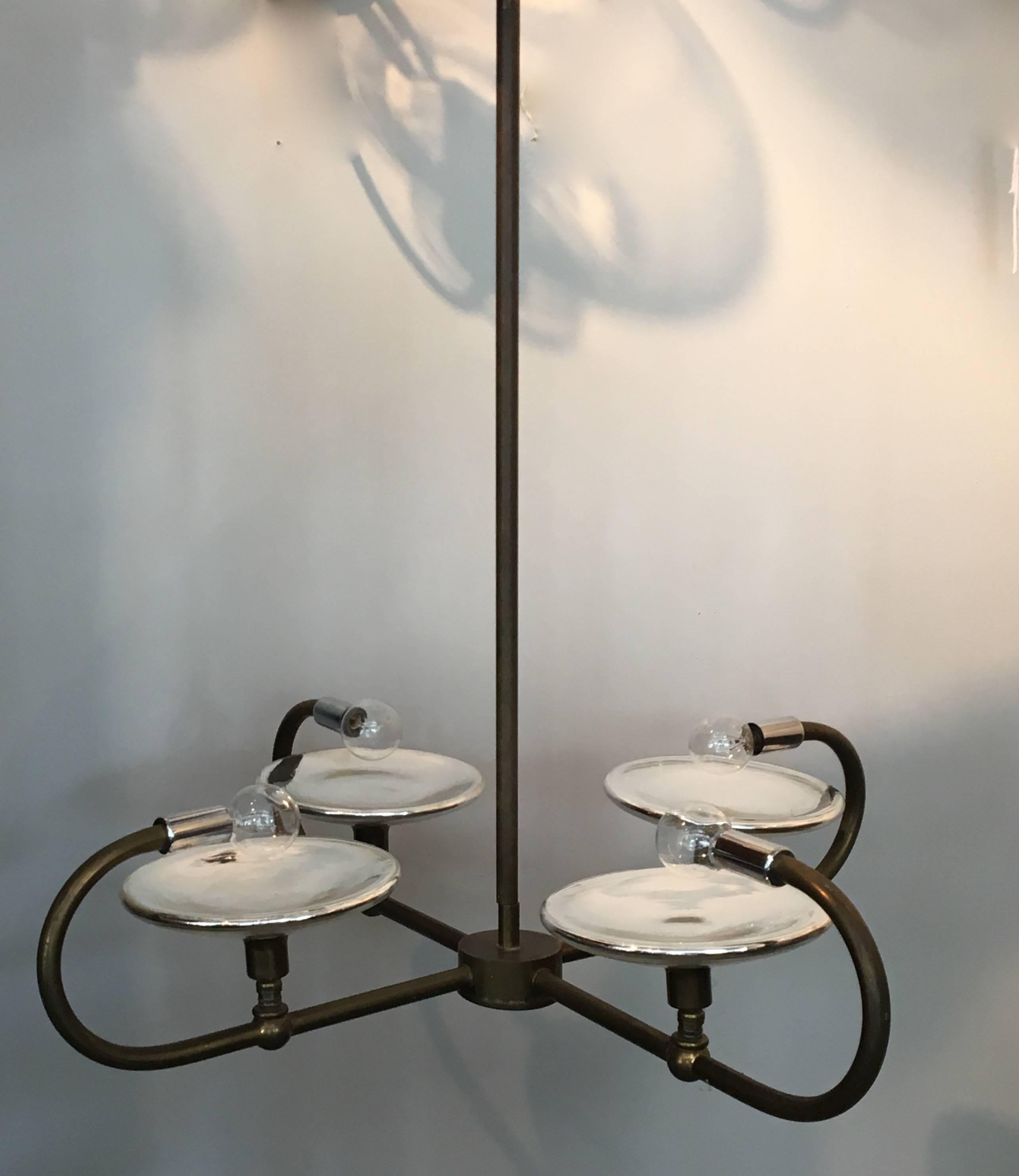Mid-Century Modern Tubular Brass and Mercury Glass Reflector Chandelier