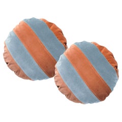 CITRINO azul y camel - Set de 2 cojines redondos de terciopelo a rayas de lujo