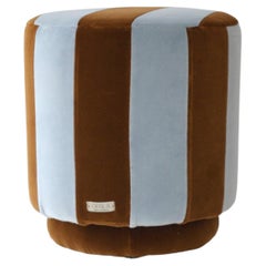 GEMMA Striped Organic Modern Pouf Ottoman in Blue and Brown Velvet