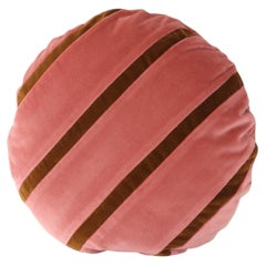 Tigers Eye Round Rose Pink & Brown Stripes Velvet Deluxe Handmade Cushion