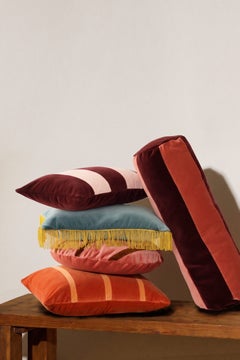 GEMMA Burgundy and Pink Striped Bolster Velvet Deluxe Handmade Cushion