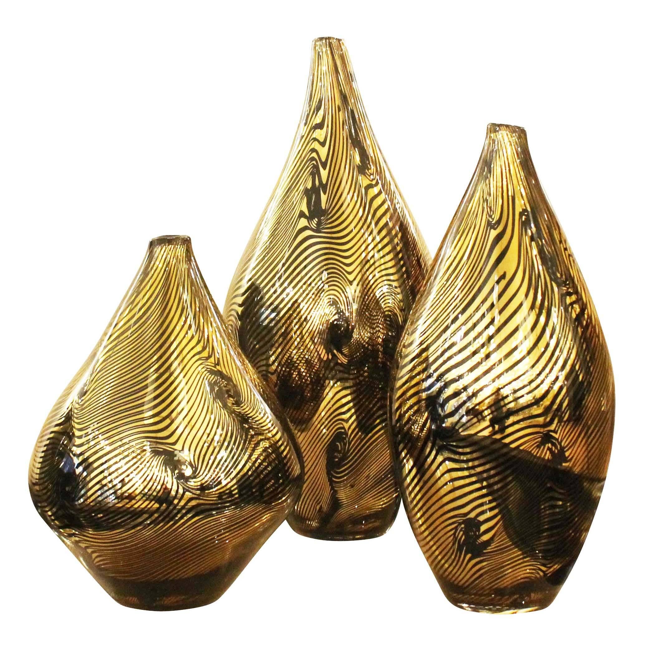 Set of Three Golden Murano Vases