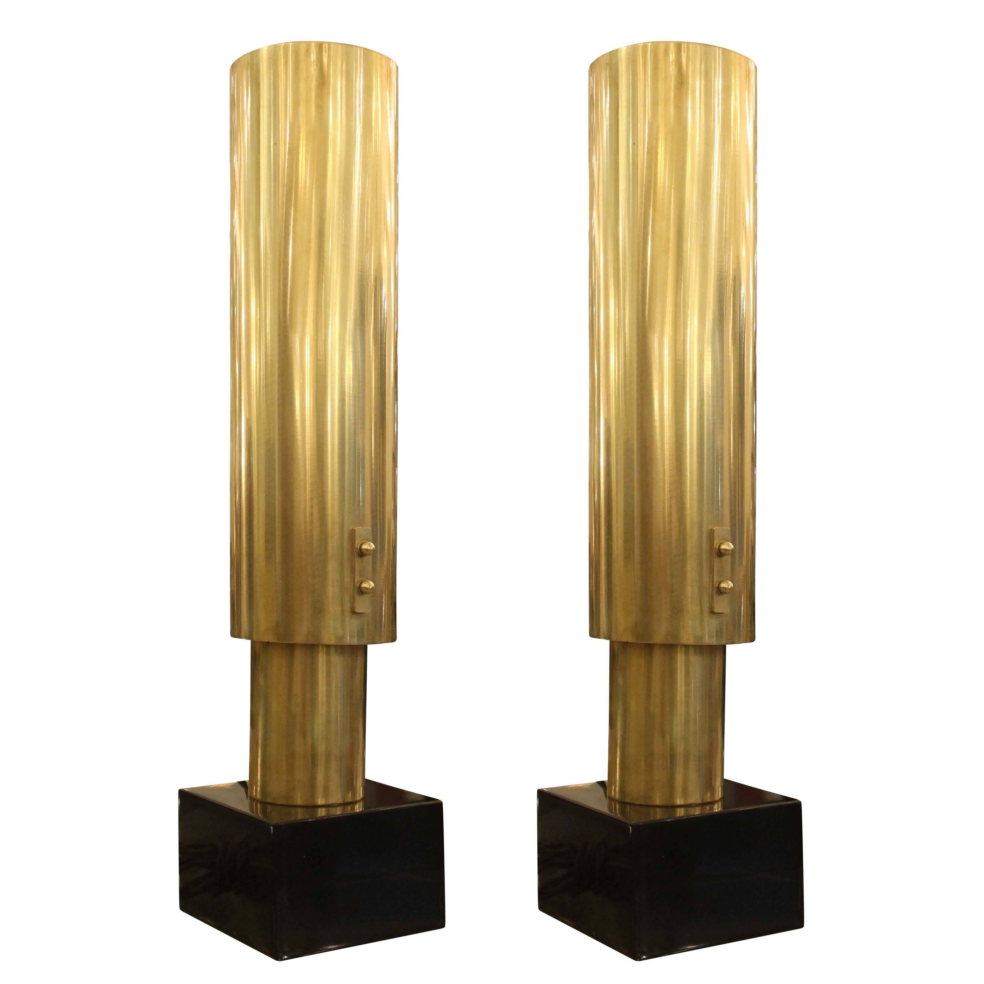 Sleek Pair of Brass Table Lamps by Banci