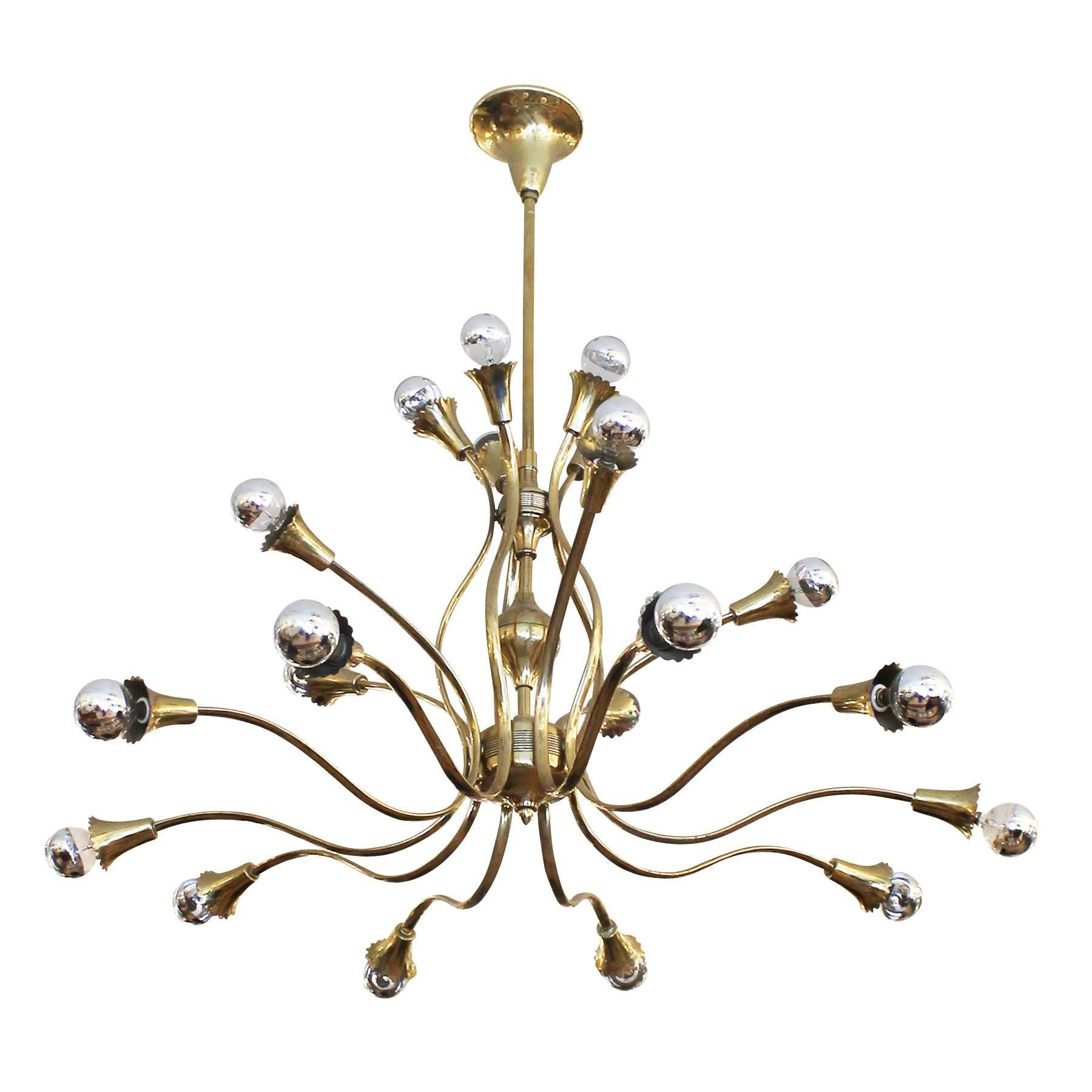 Large Floral Themed Brass Chandelier, Italy, 1950s