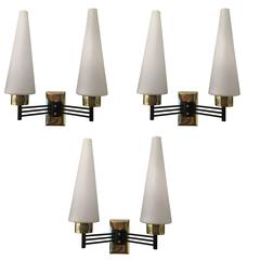 Set of Three Italian Mid-Century Sconces with Conical Glass Shades