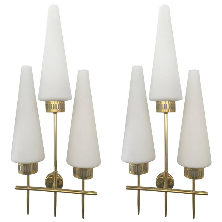 Italian Mid-Century Sconces with Three Conical Glass Shades For Sale