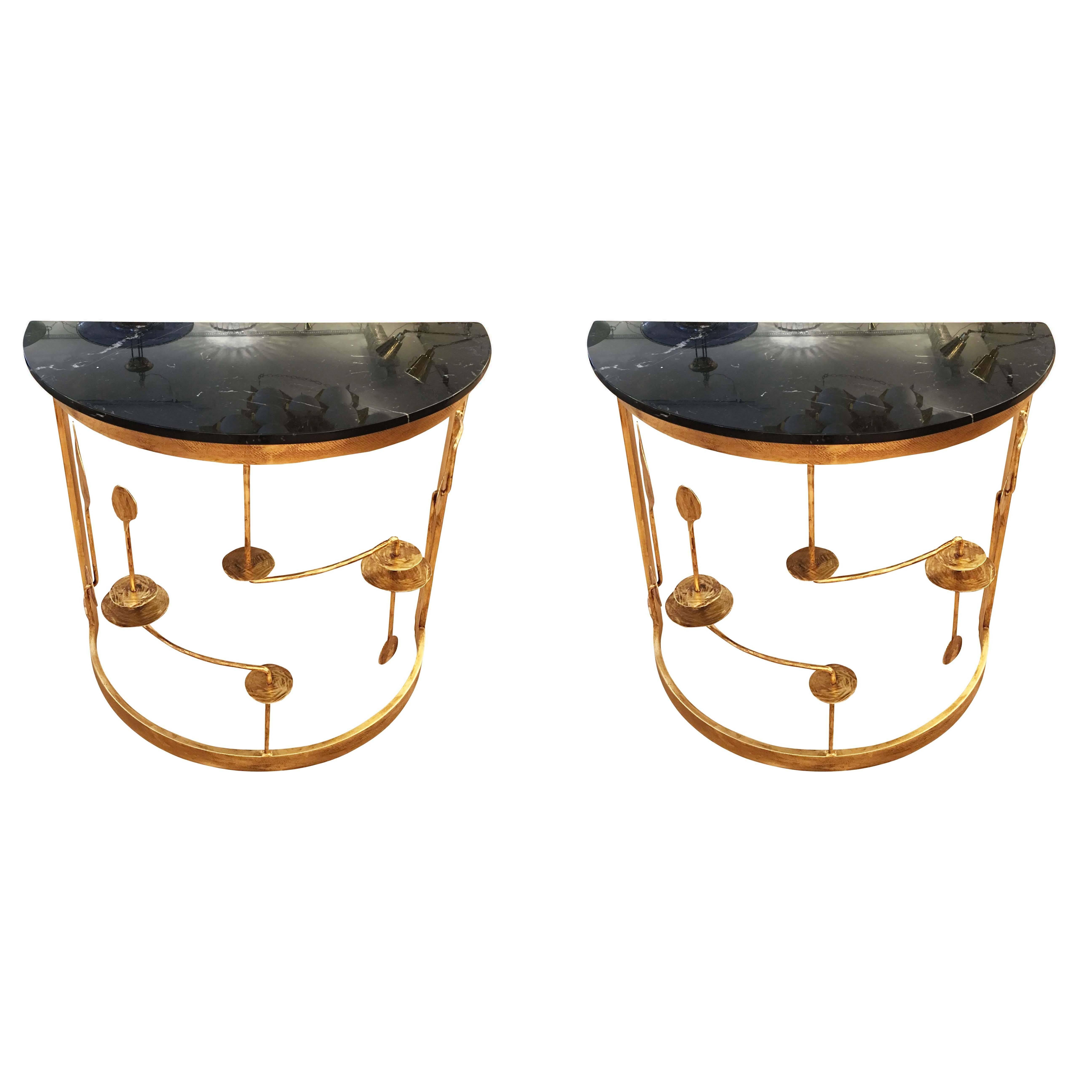 Pair of Gilded Demilune Consoles by Banci