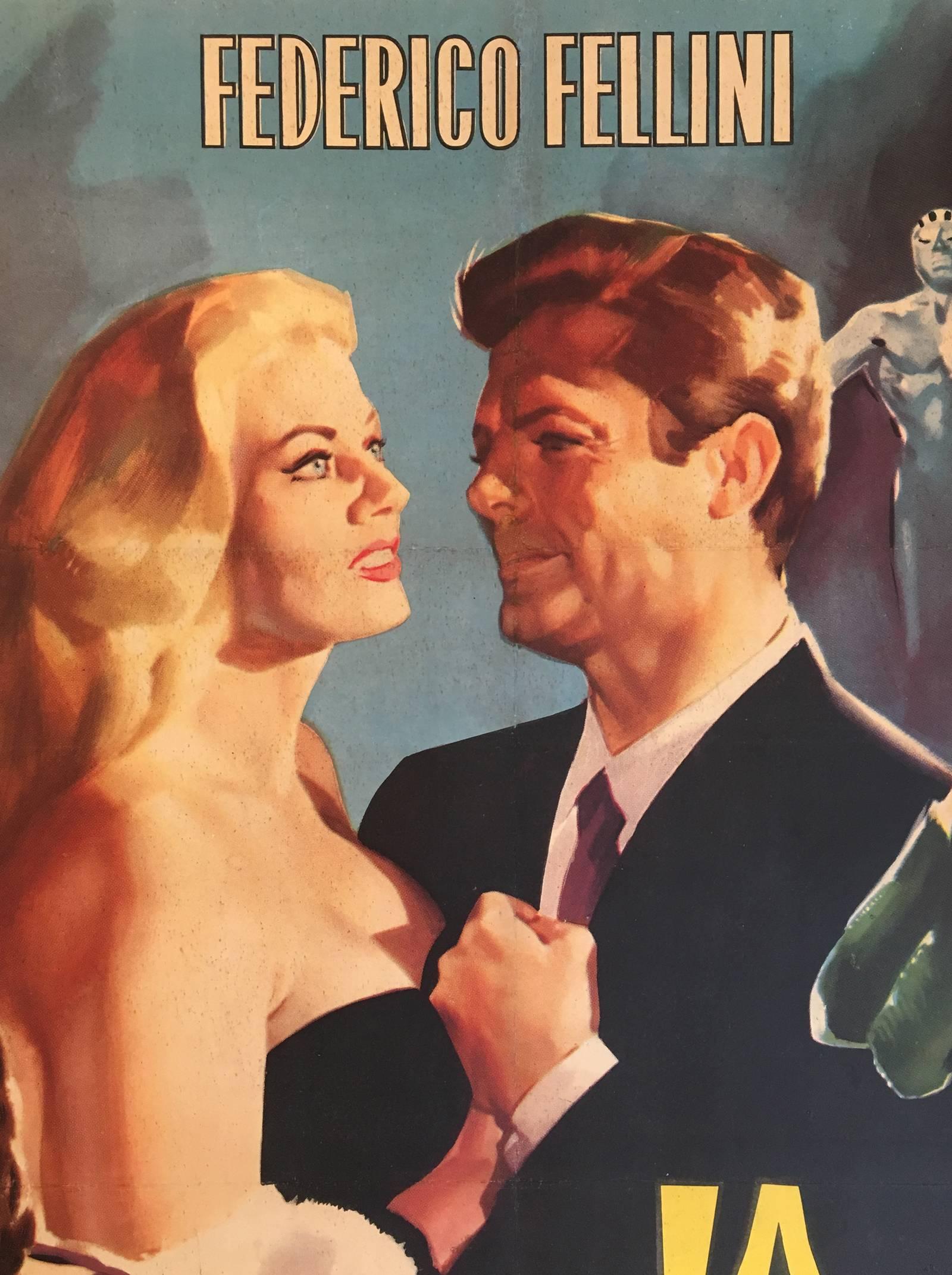 Original Italian film poster for La Dolce Vita from 1960. Very few are known to have survived. The motion picture directed by Fellini starred Marcello Mastroianni and Anita Ekberg. It won the Palme d'Or at the 1960 Cannes film festival and the Oscar