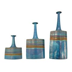 Set of Three Blue Guido Gambone Glazed Vases