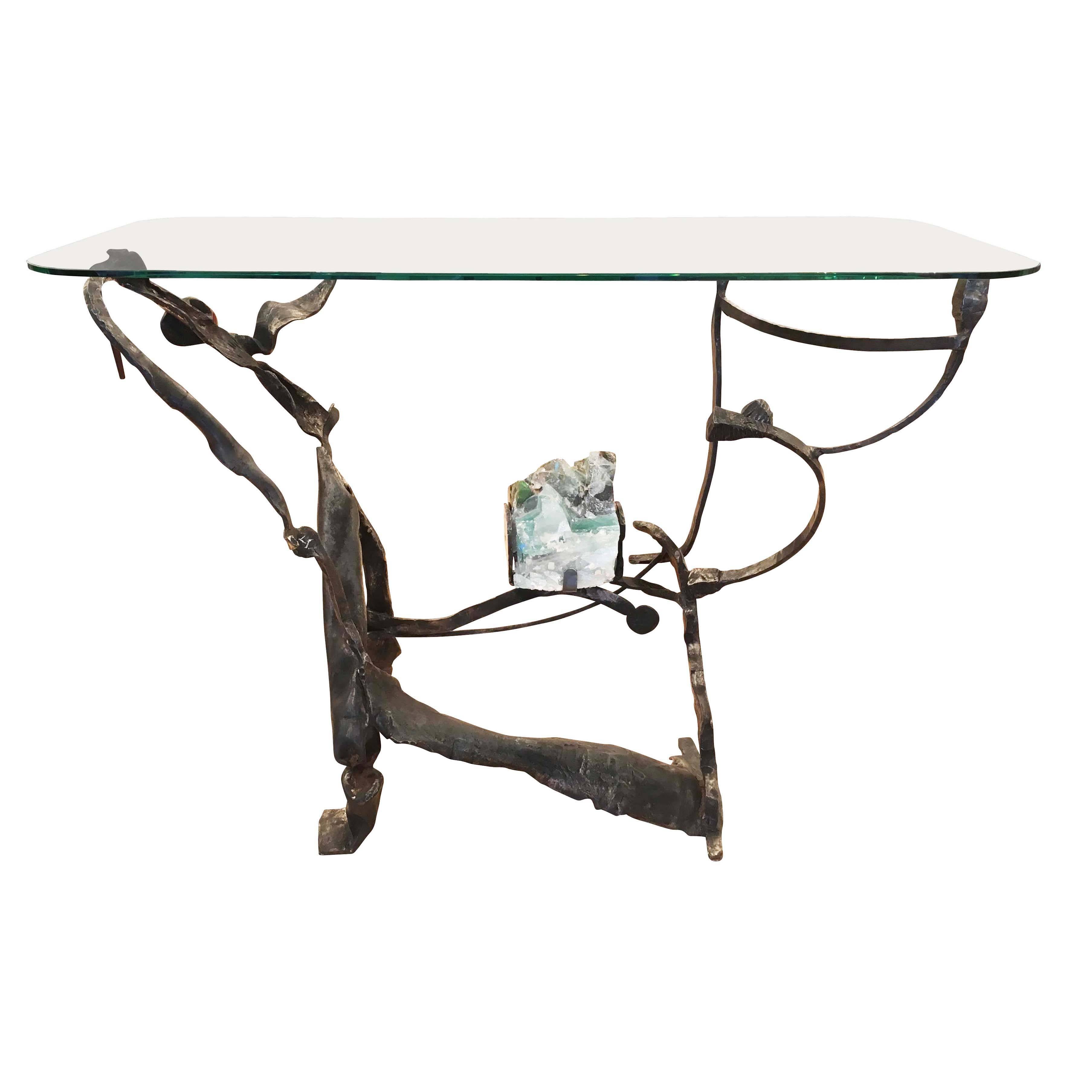 Brutalist Iron and Glass Console by Salvino Marsura, Italy, 1970s