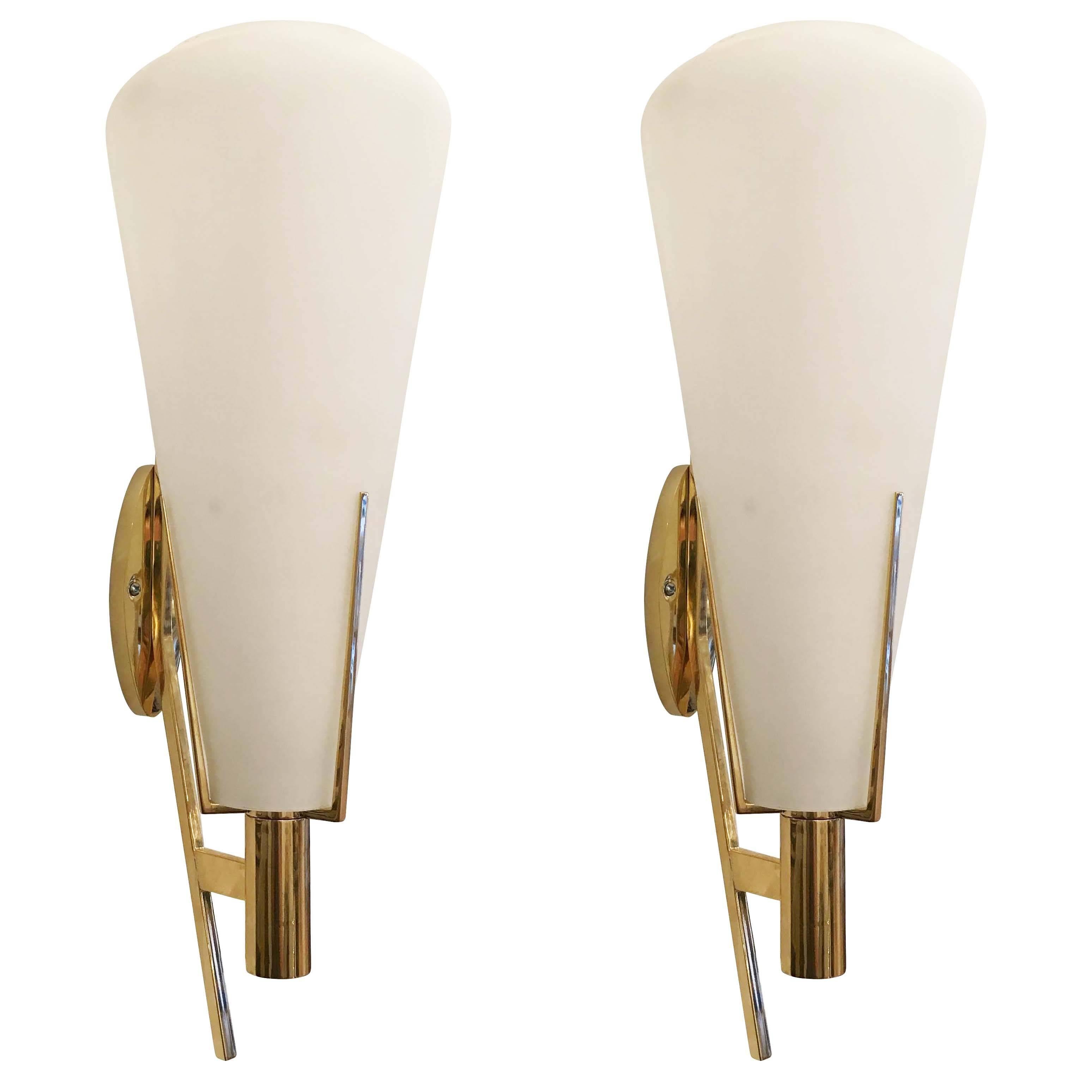 Pair of Brass and Glass Sconces Attributed to Stilnovo, Italy, 1960s