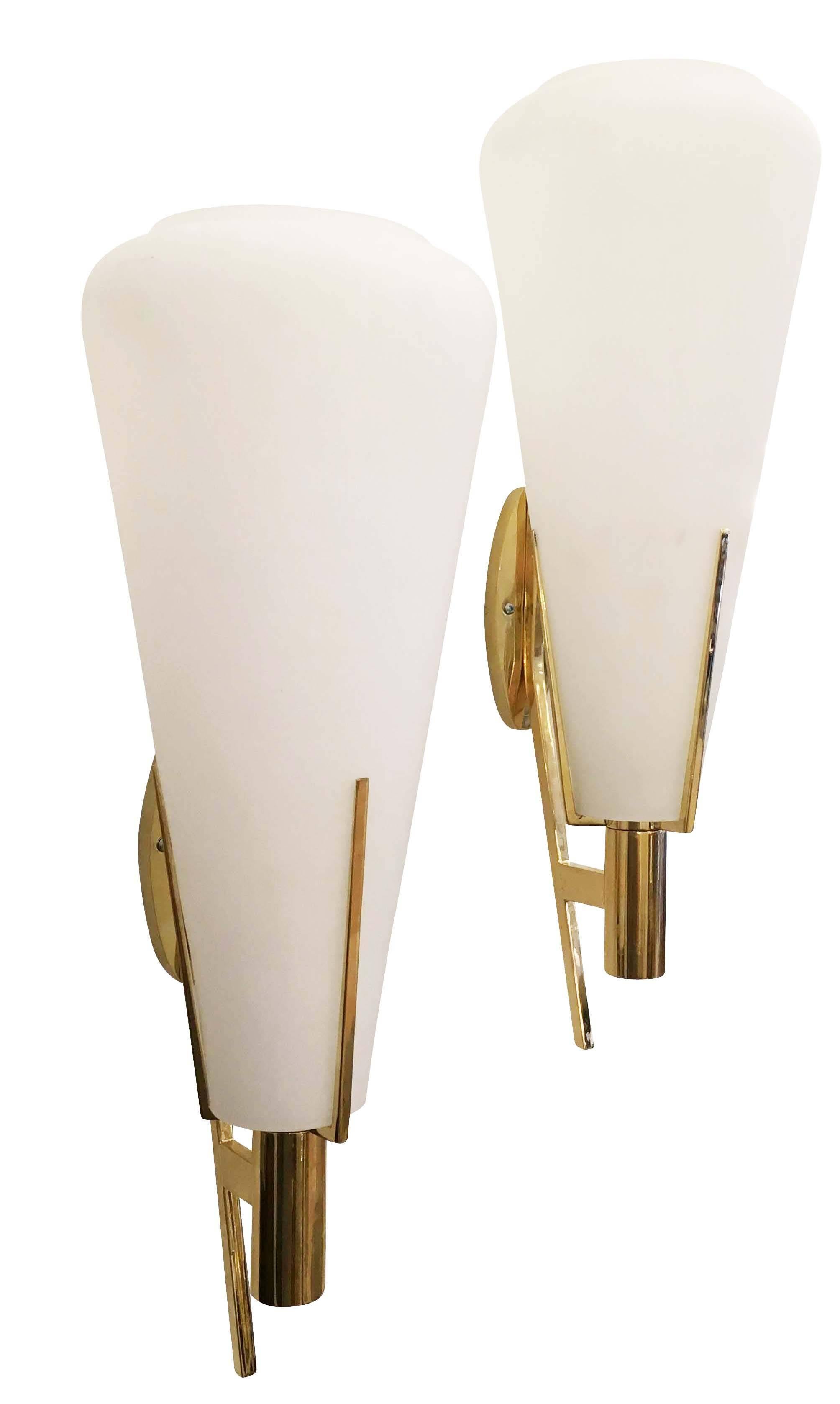 Mid-Century Modern Pair of Brass and Glass Sconces Attributed to Stilnovo, Italy, 1960s