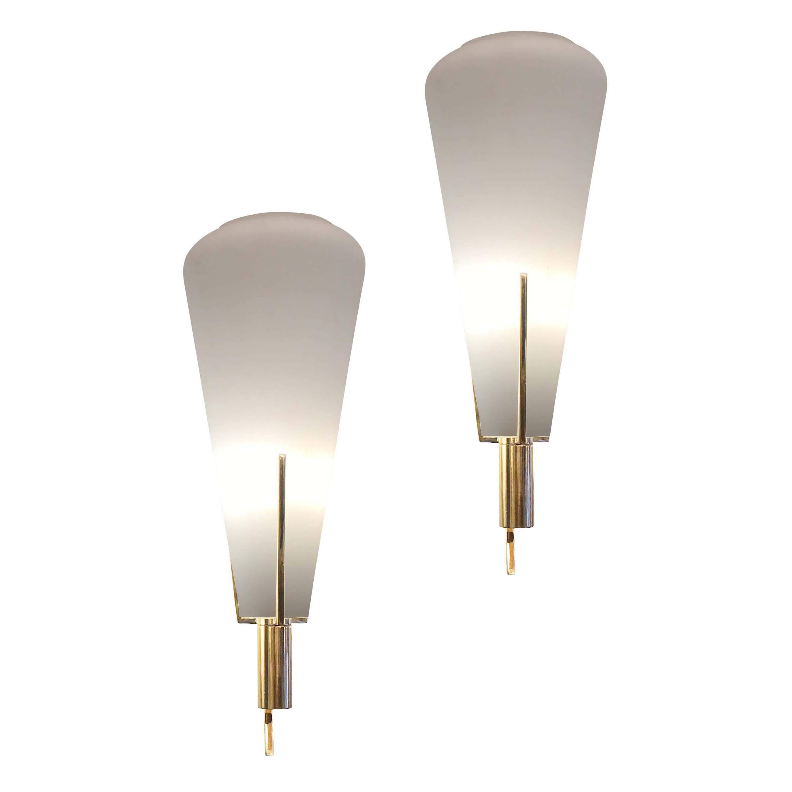 Italian Pair of Brass and Glass Sconces Attributed to Stilnovo, Italy, 1960s