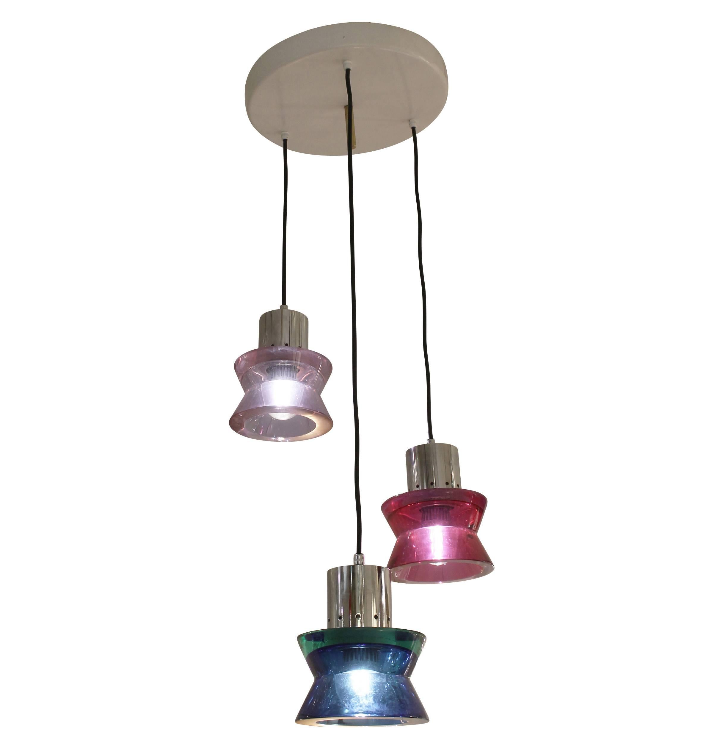 Colorful fixture composed of three beautiful and vibrant Murano glass pendants. Height of each pendant can be easily adjusted and color of the canopy can be changed upon request. Each pendant holds one regular Edison socket.
