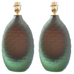 Sculptural Hammered Green Murano Glass Table Lamps