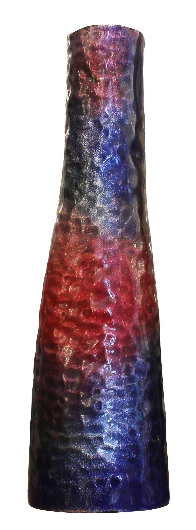 Colorful red, blue and purple enamel vase made by Paolo De Poli. Signed on the bottom.
