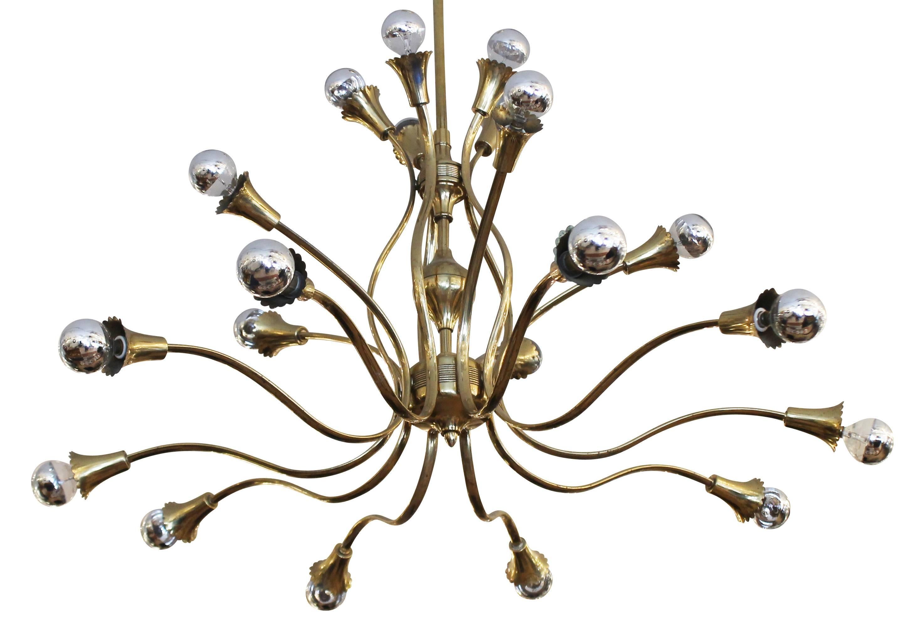 Elegant brass chandelier with a floral motif. Holds 20 candelabra sockets. Height of stem can be adjusted upon request.
