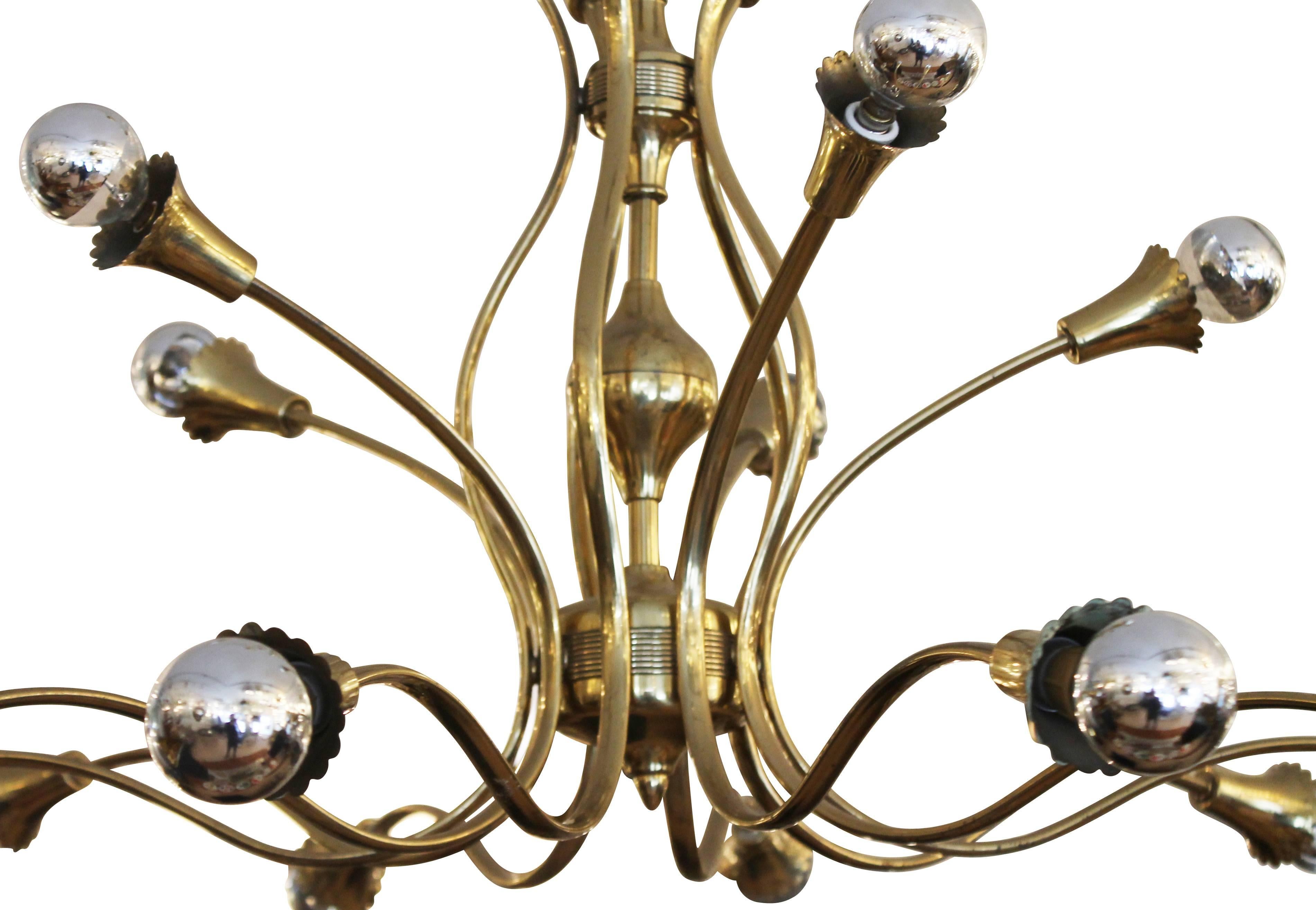 Mid-Century Modern Large Floral Themed Brass Chandelier, Italy, 1950s